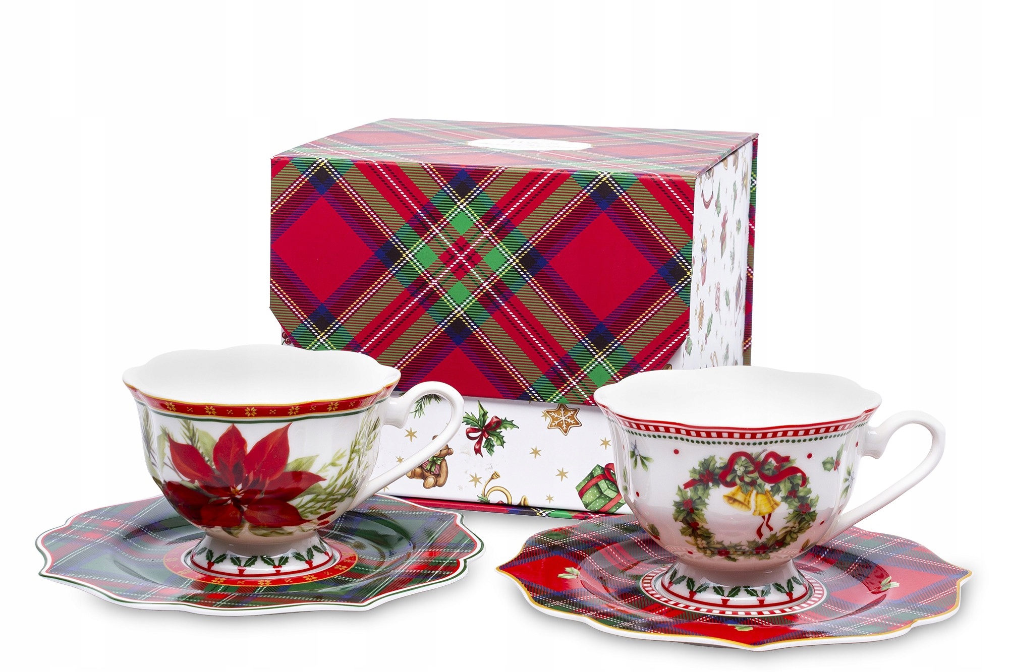 Elegantní sada vánočních šálků z porcelánu, 2 ks s podšálky