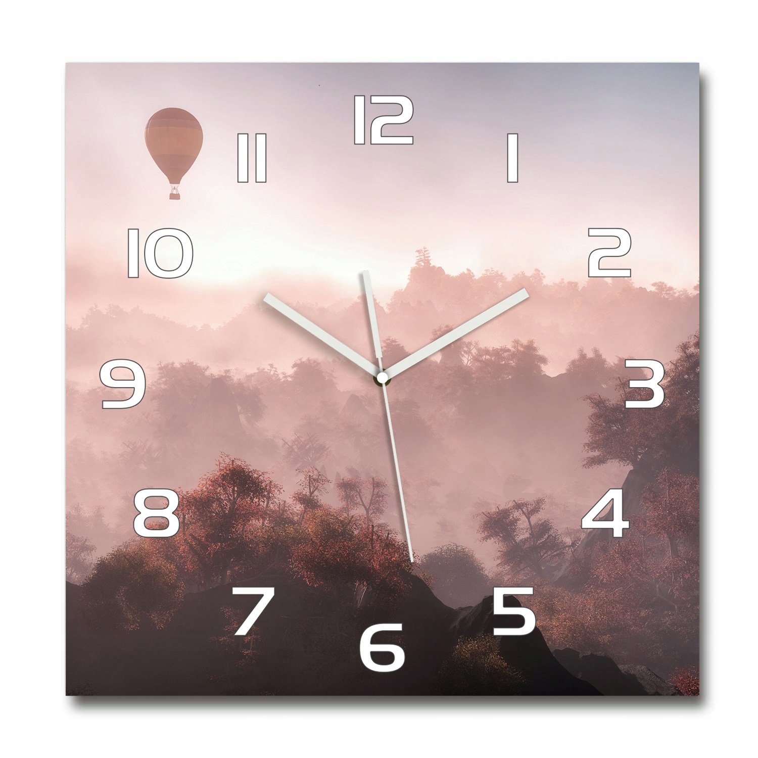 

Szklany duży zegar wiszący Balon nad lasem 60x60cm