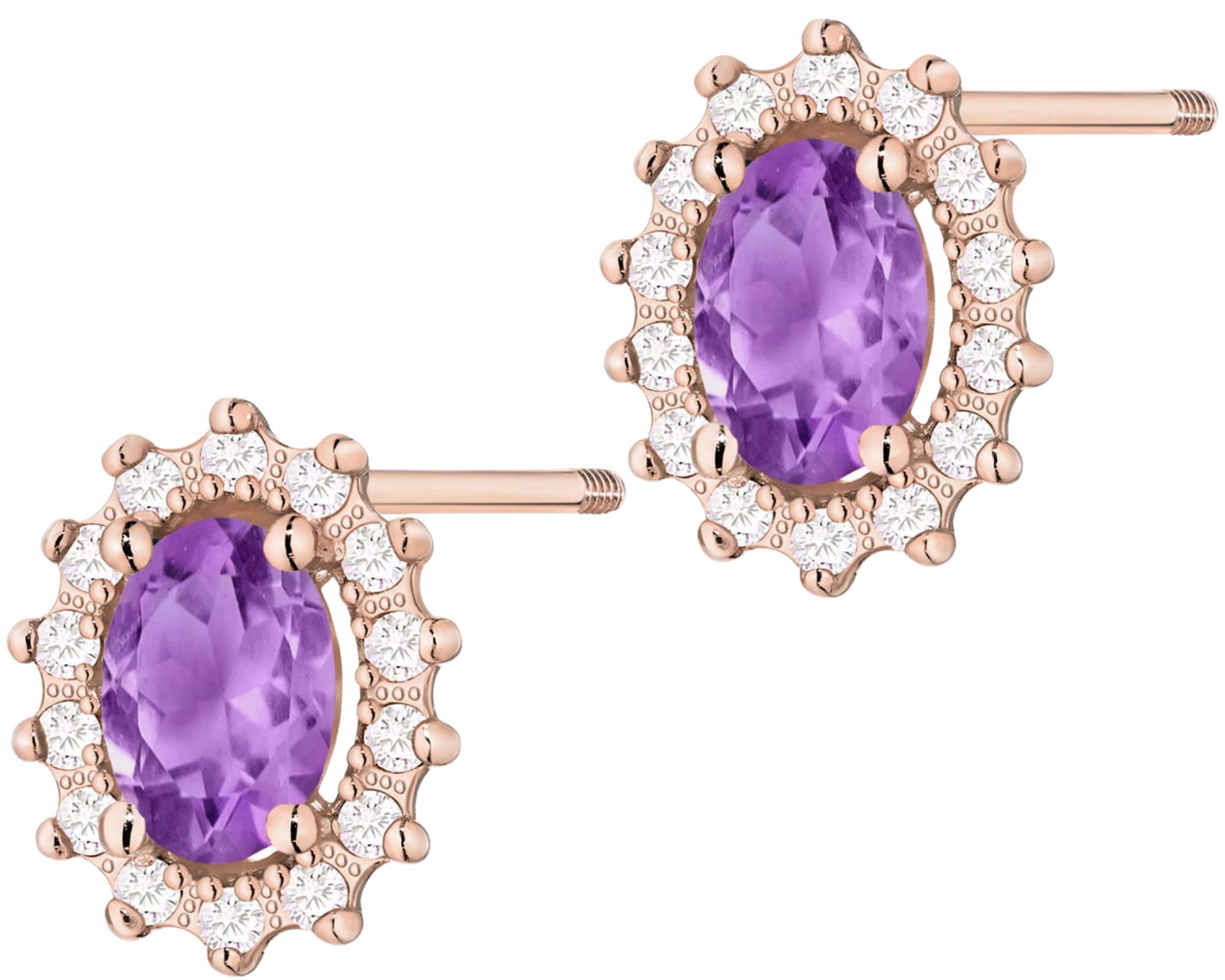 Růžové Zlato Náušnice Ametystové Brilianty Na Šroubovací Tyči Zlato 585 14K
