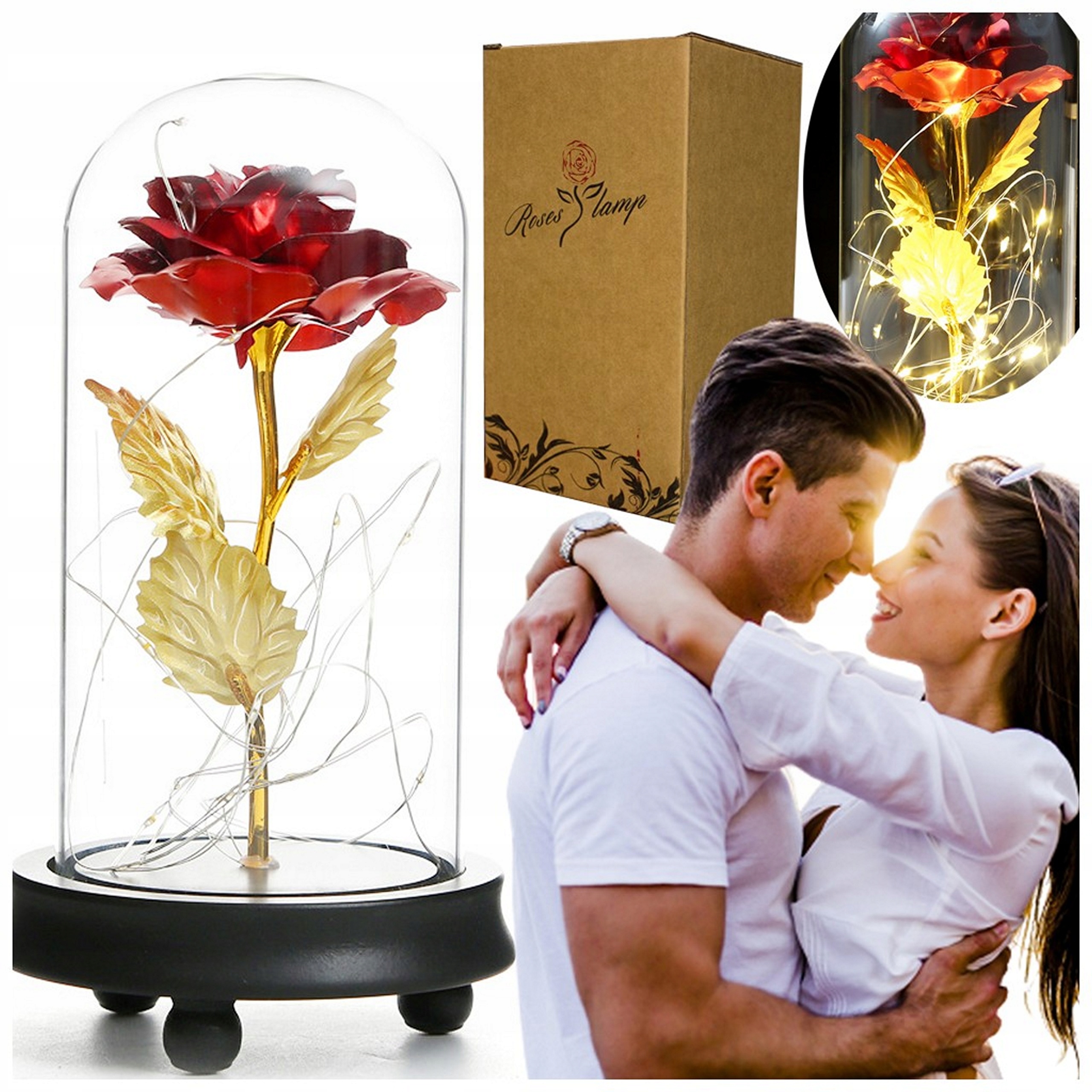 Krásná A Zvířecí Umělá Stabilizovaná Růže Ve Skle Led Diody Romantický dárek
