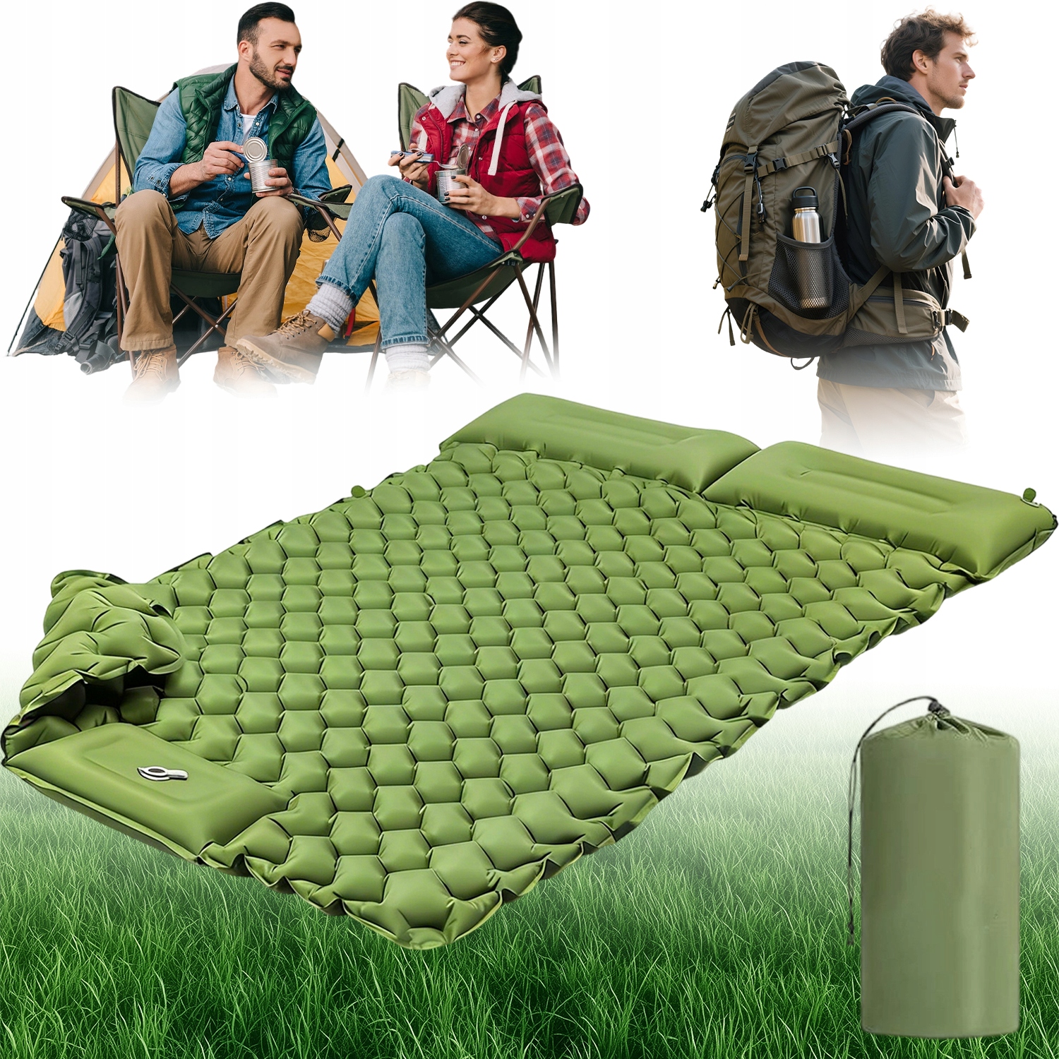 Dvojmístná Samonafukovací Podložka Matrace S Nožní Pumpou 195x120x10 cm Olivová