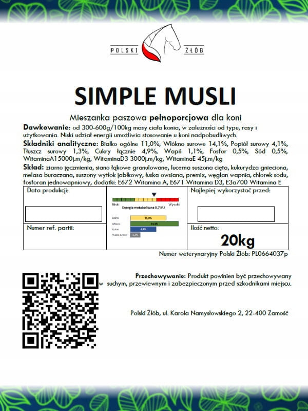 Polski Żłób - Simple Musli 20kg - pasza dla koni Rodzaj pasza