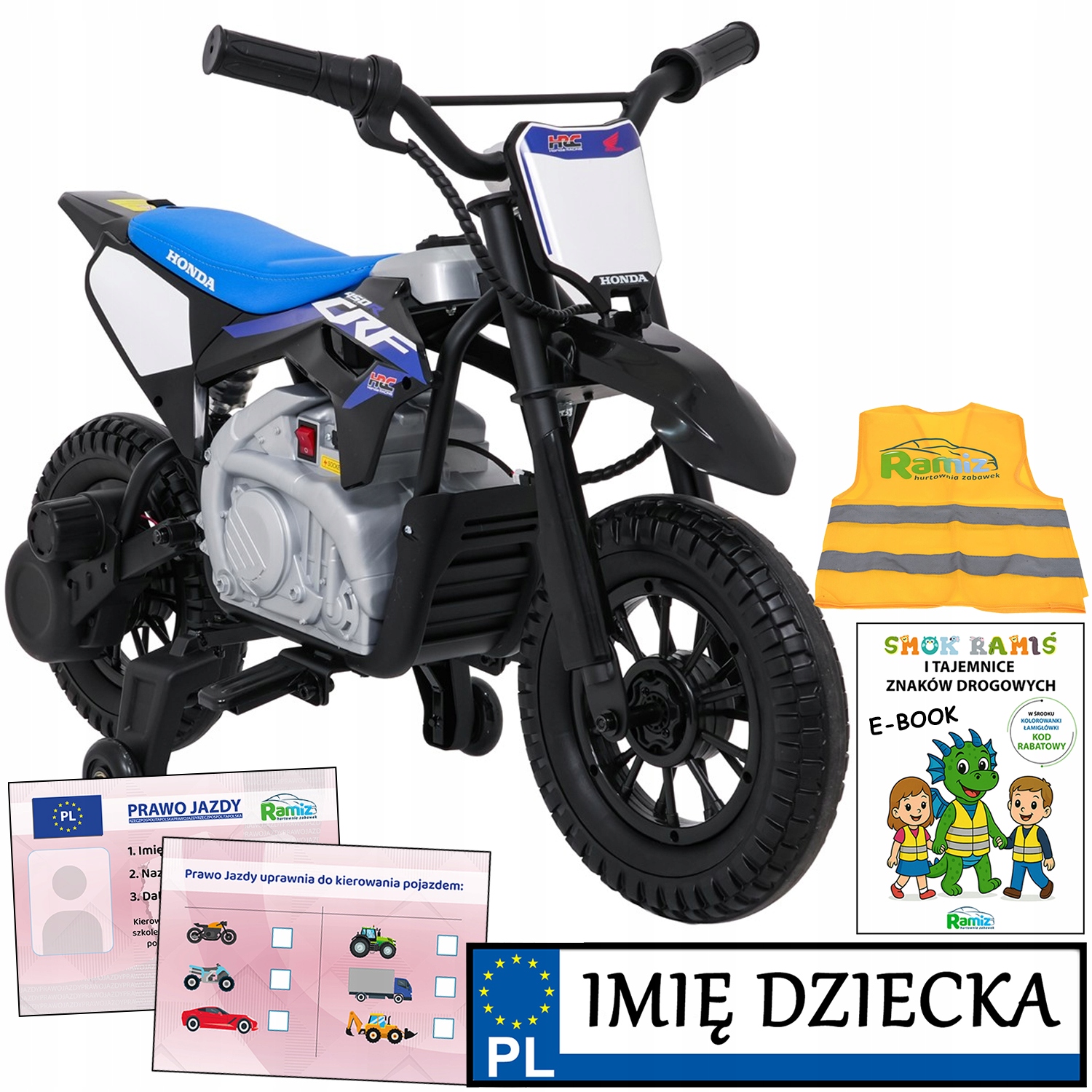 motor na akumulator Honda CFR450R kółka boczne Tablica Imienna Prawko
