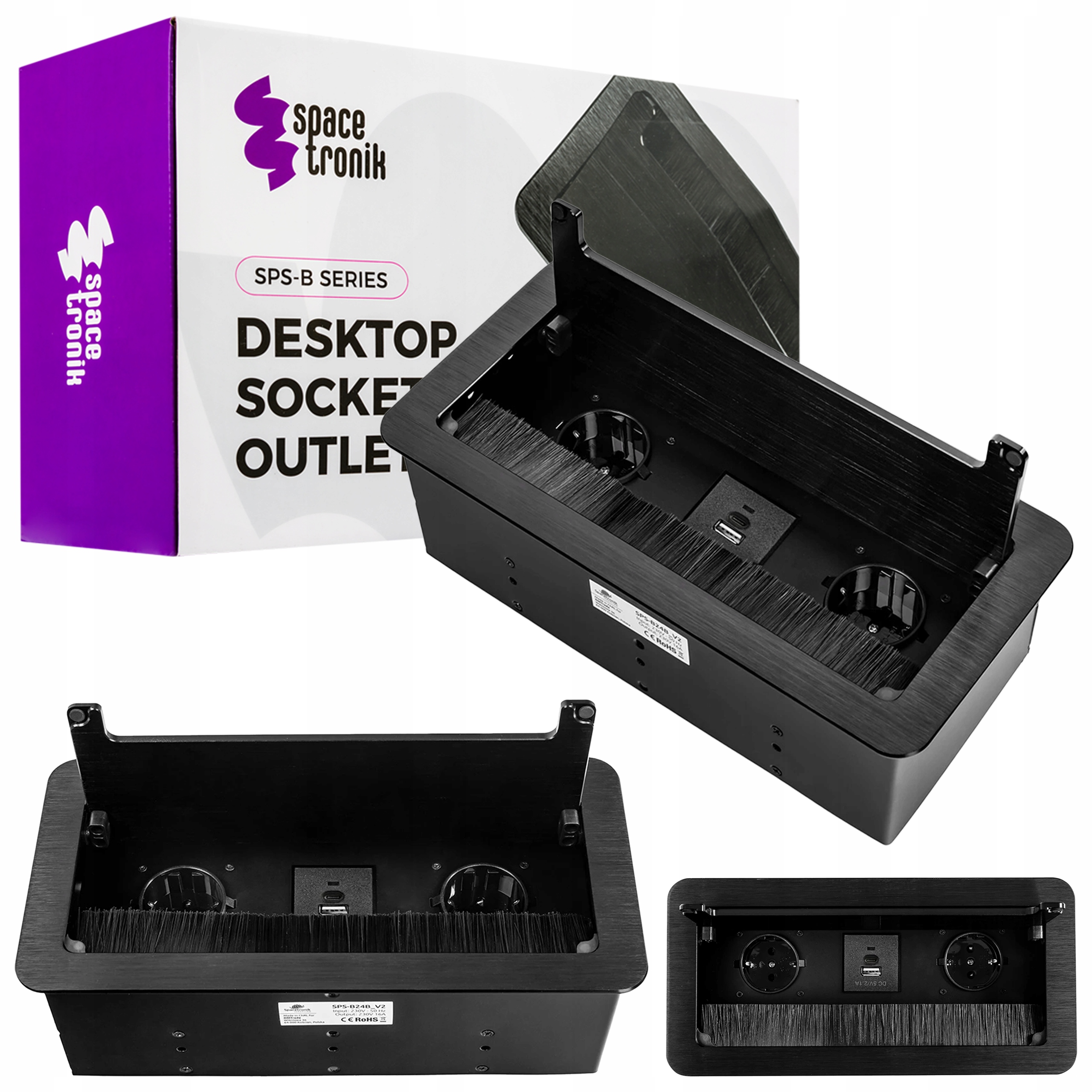 Gniazdo chowane w blat nablatowe Podwójne Spacetronik Usb 1,5m Stal meblowe