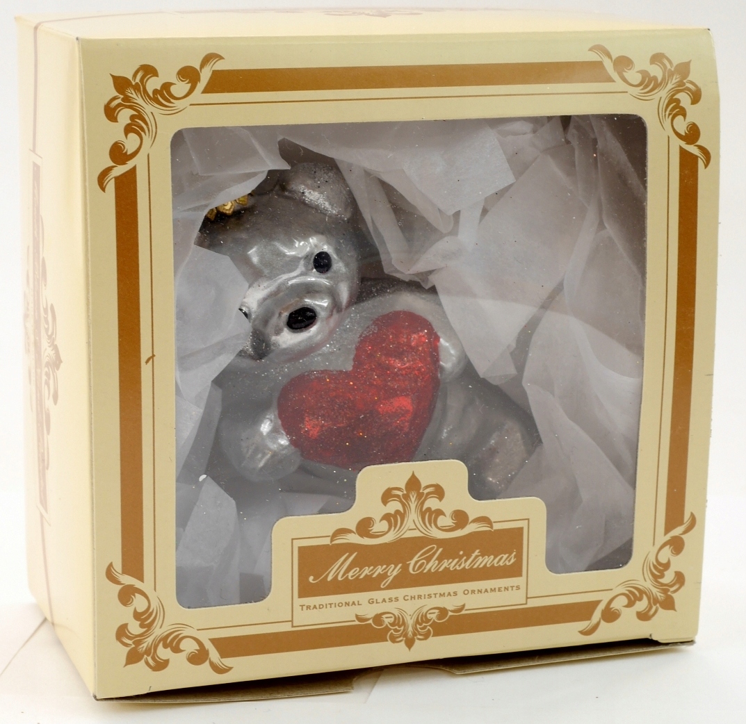 Bombka szklana ręcznie malowana Srebrny Miś z Czerwonym Serduszkiem Marka inna