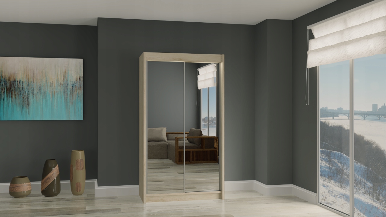 Szafa Przesuwna 120 CM Biały Lustro + LED Głębokość mebla 61 cm