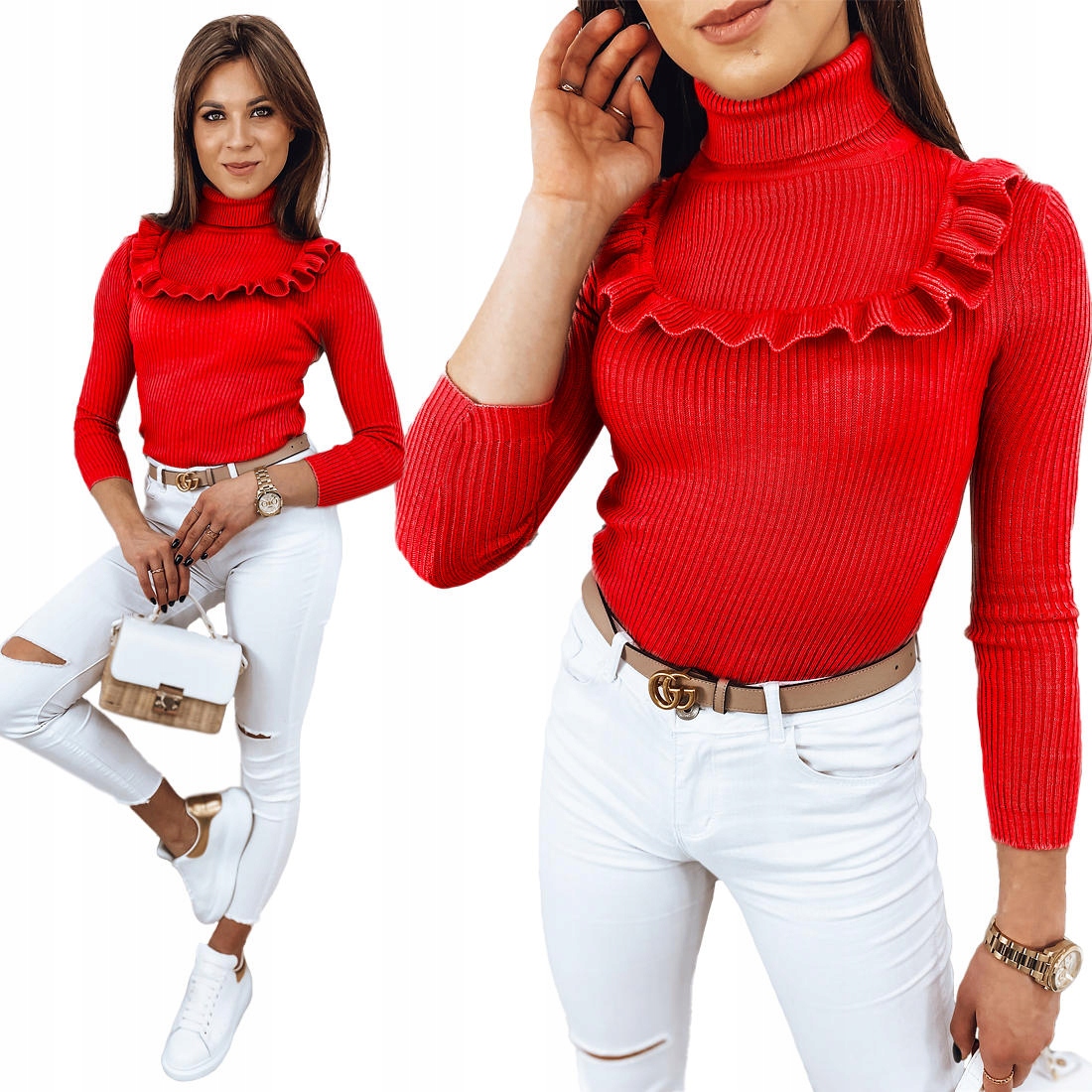 PRĄŻKOWANY SWETER DAMSKI GOLF KOLORY ox127 UNI