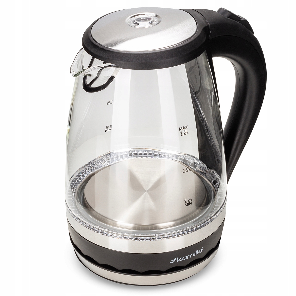 SZKLANY CZAJNIK ELEKTRYCZNY BEZPRZEWODOWY PODŚWIETLANY LED 1,5 L KAMILLE Pojemność 1.5 l