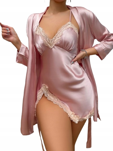 Elegantní Růžový Komplet Saténový Župan Saténová Krajková Košile XL
