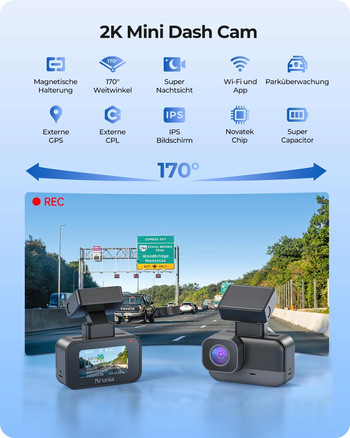 KRUNIA 2K WiFi Kamera Samochodowa GPS WDR Nocny Tryb 170° Kąt Widzenia — miniatura 2