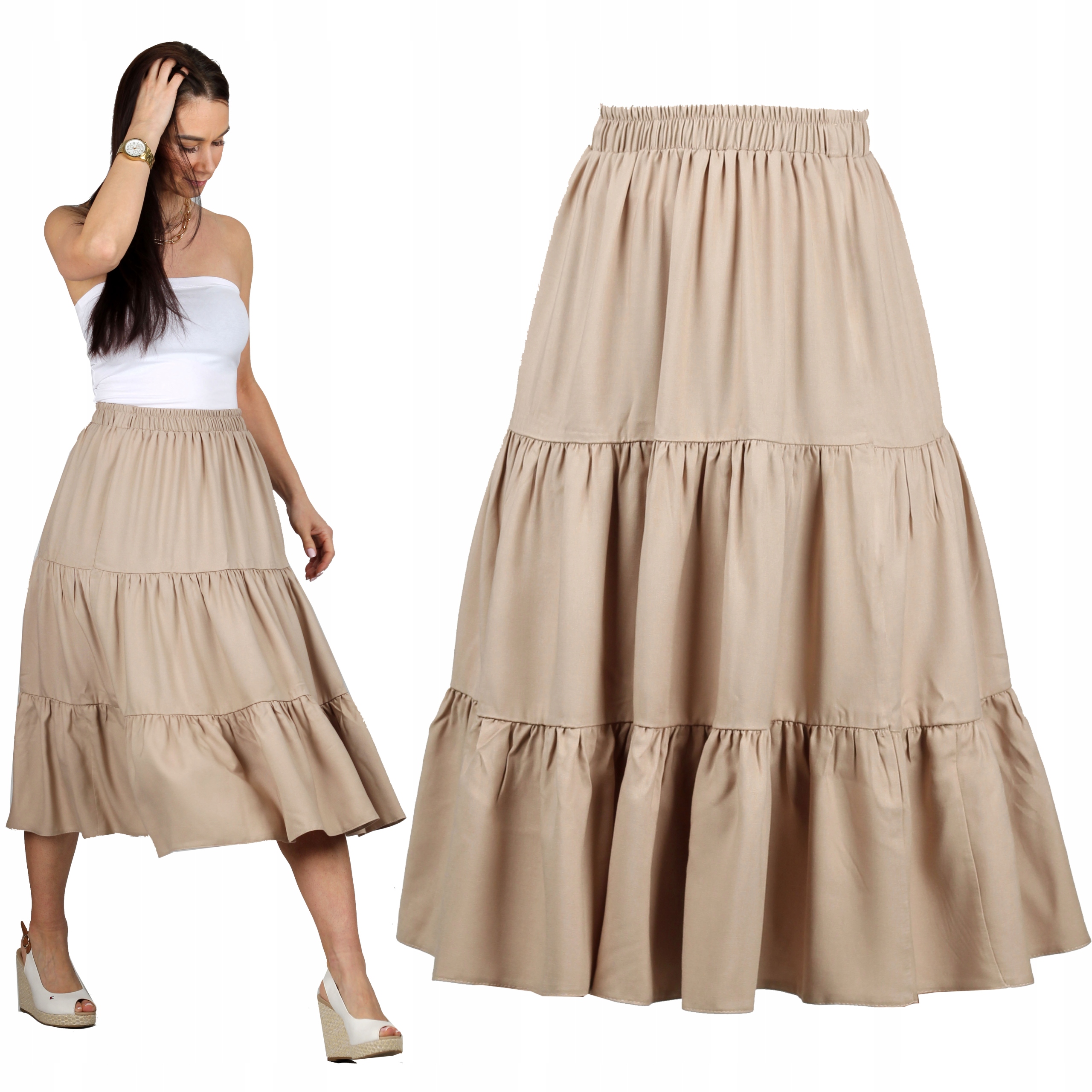 

L XL 3 Falbany Cappuccino kobieca spódnica midi