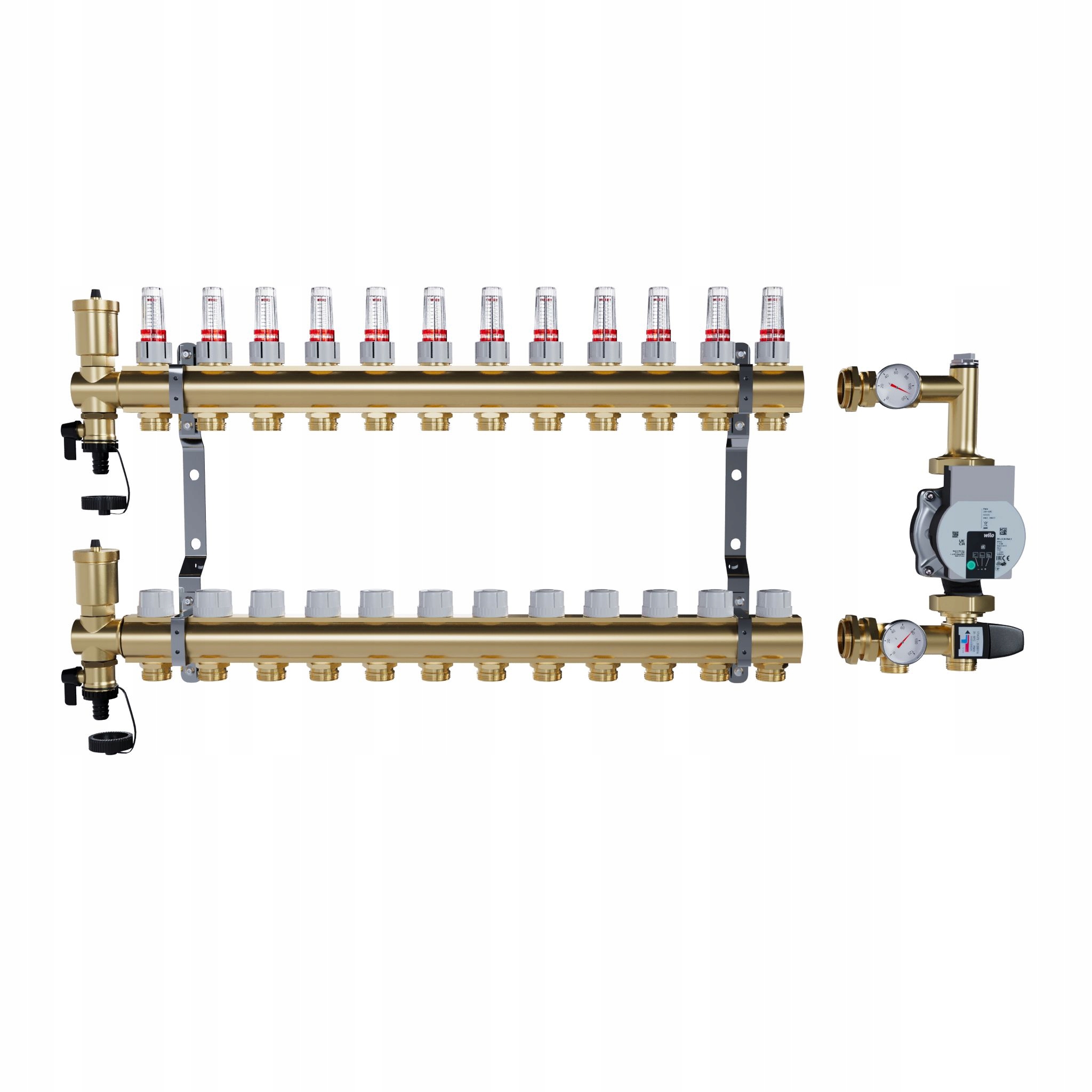 Rozdělovač pro podlahové topení 12 mosazných sekcí Čerpadlo Wilo