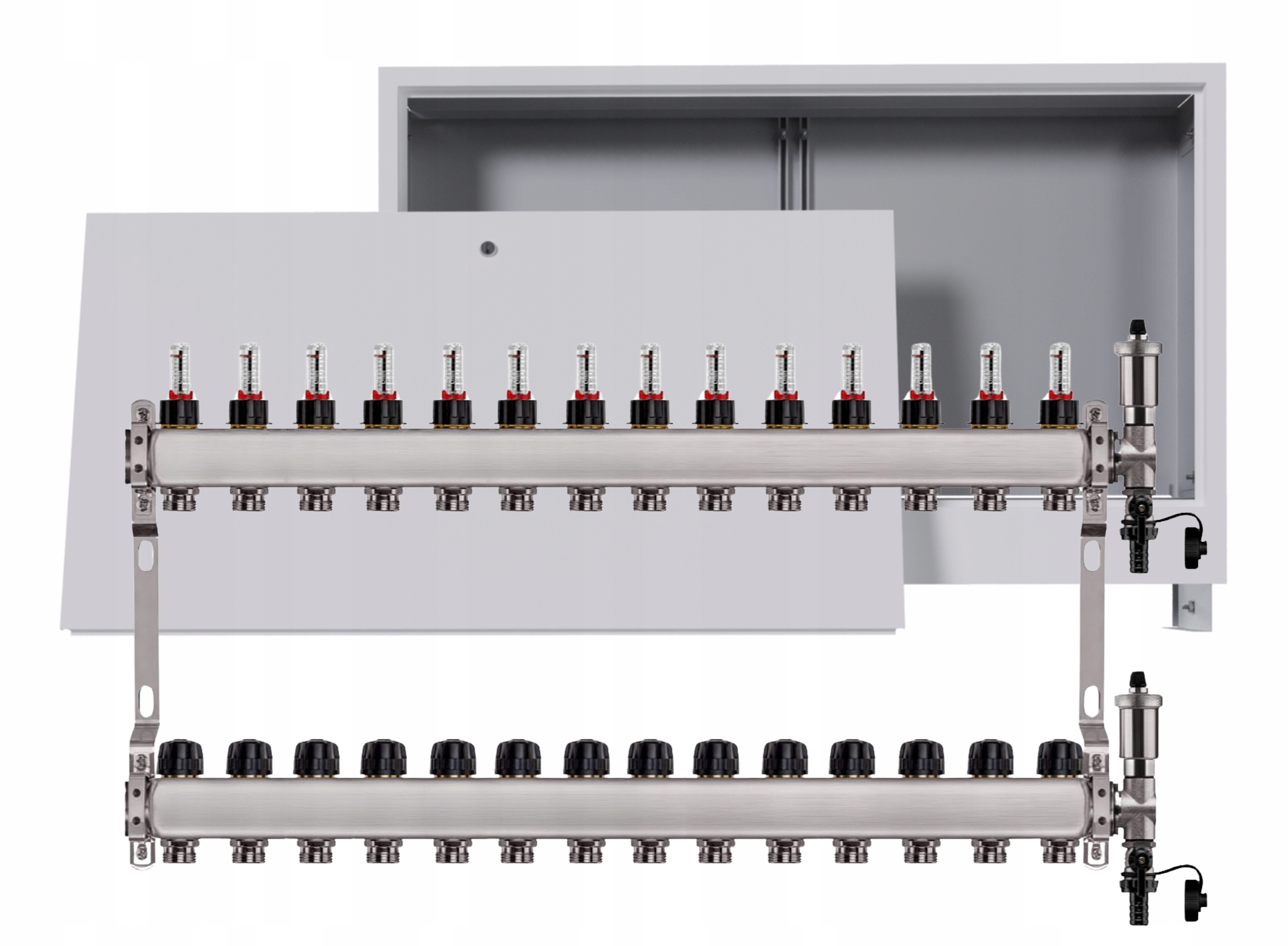 Nerezový rozdělovač na podlahu 14 okruhů s podomítkovou schránkou, bílý