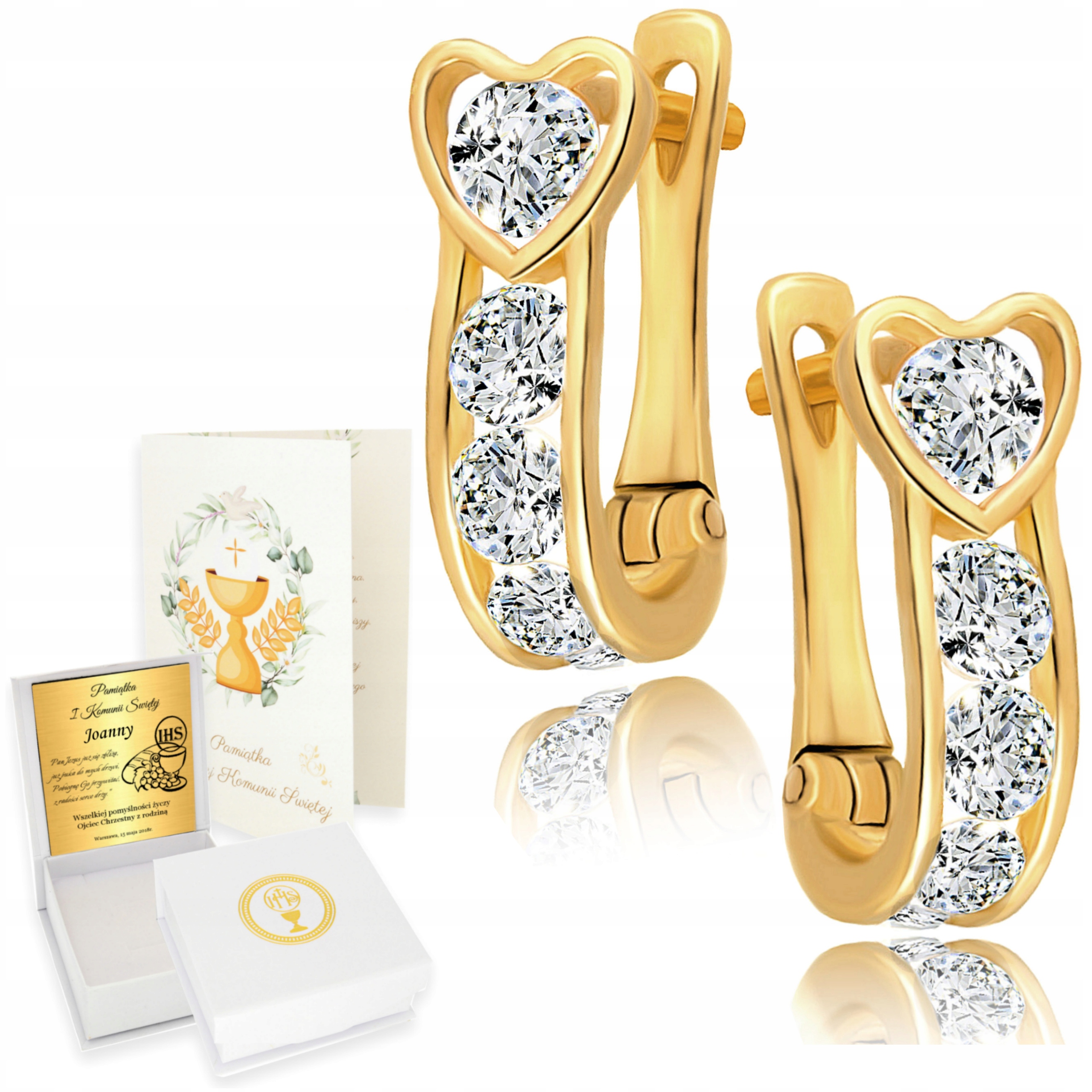 Złote Kolczyki 585 Serca Angielskie Zapięcia Komunia Chrzest Grawer