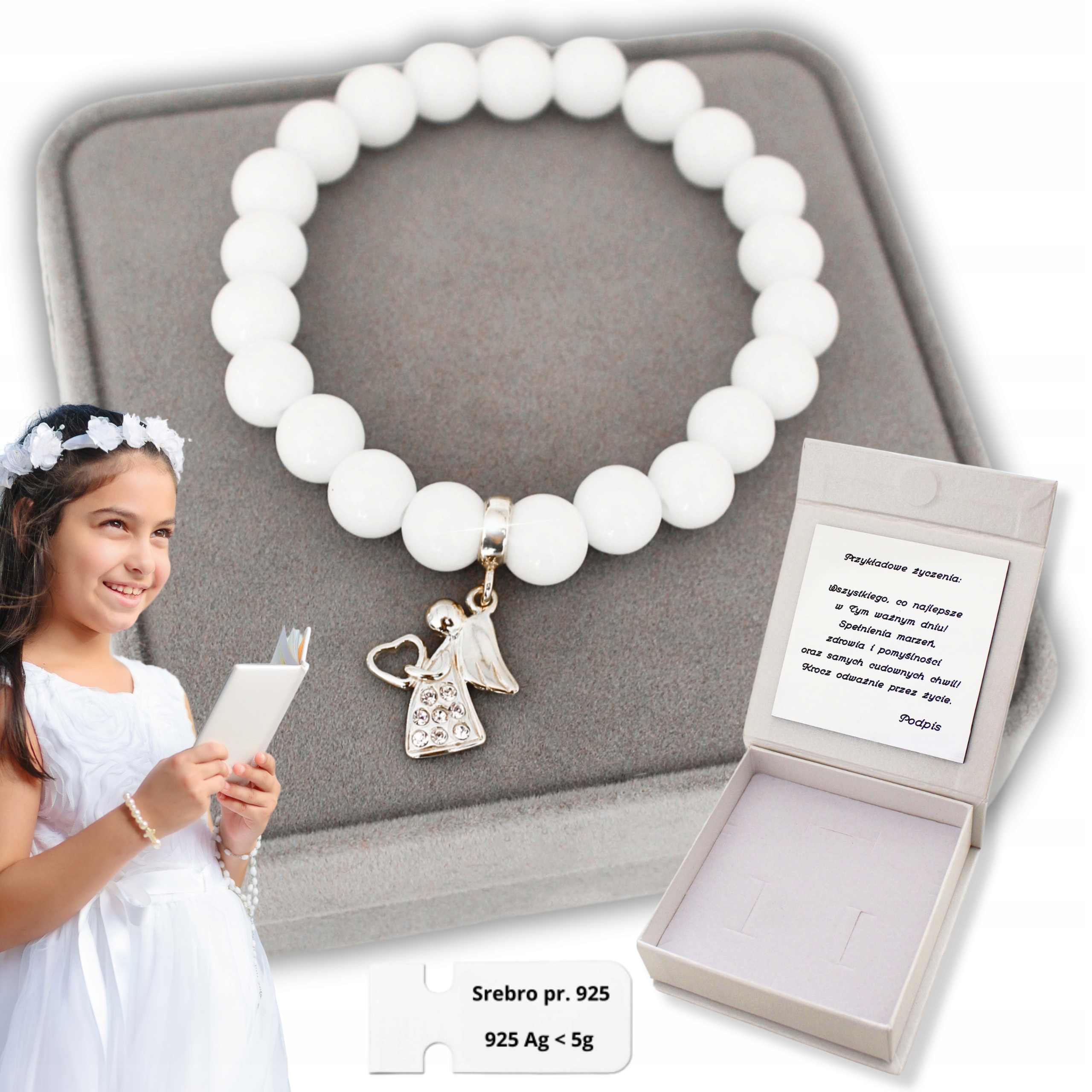 Stříbrný náramek s andělem pro holčičku Dárek ke svatému přijímání 925
