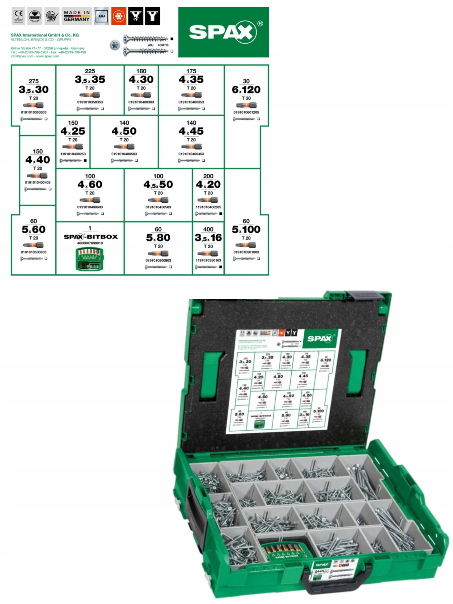 Spax Montážní kufr L-boxx Wirox 2 445 šroub v 16 různých rozměrech bit