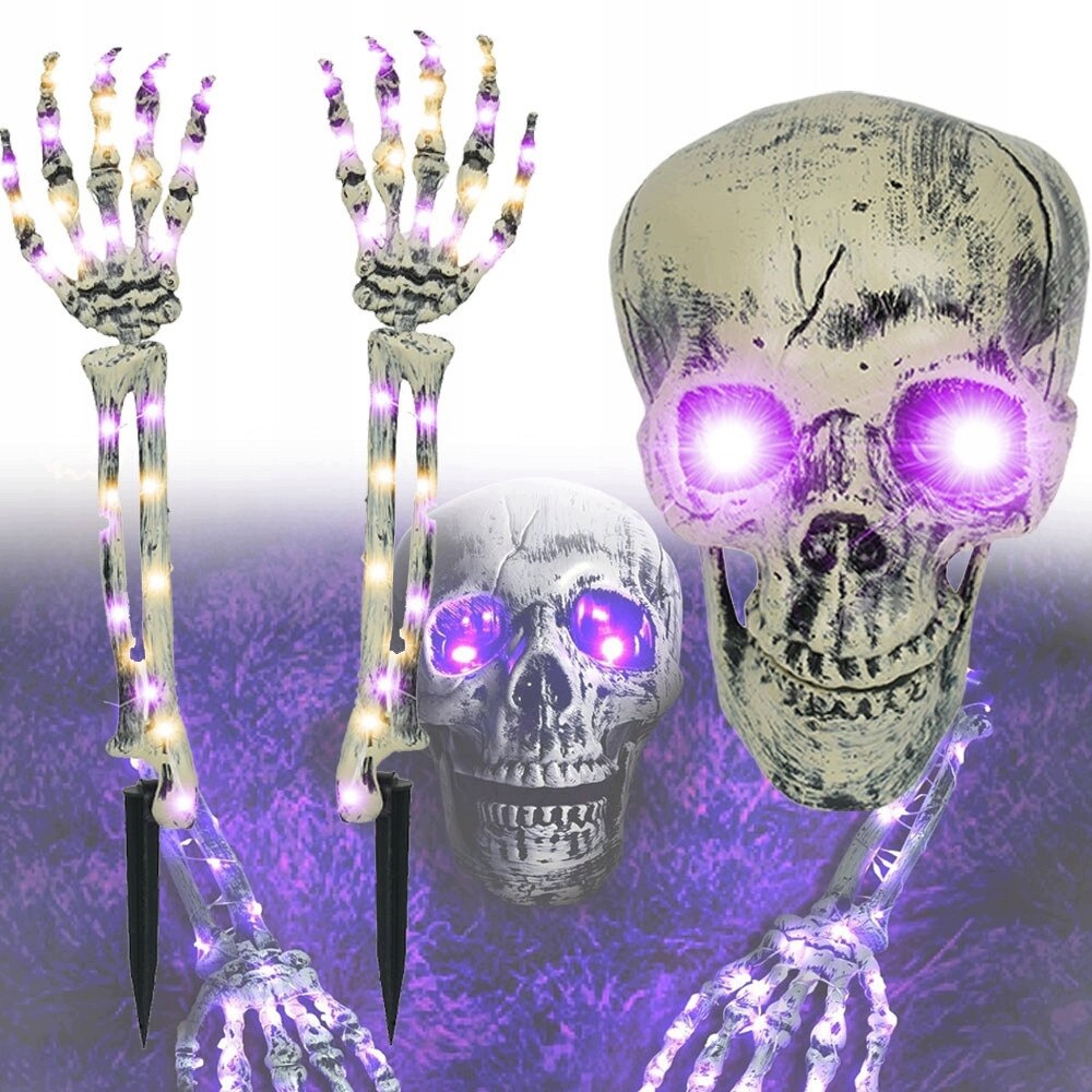 Strašidelná Kostra Halloween Fialového Led Světla – 2 Ruce A Lebka