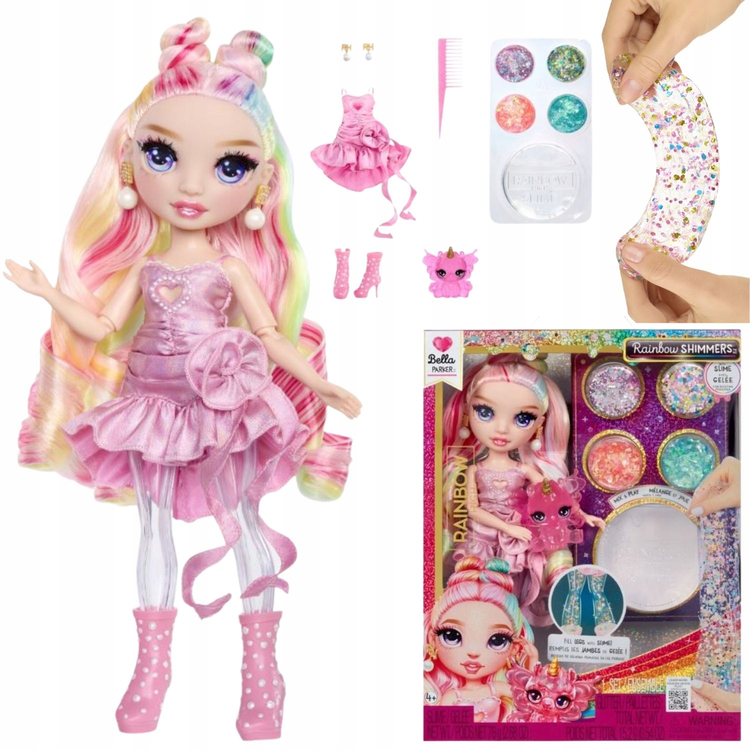Rainbow High Lalka Modowa Slime Błyszcząca Akcesoria Zwierzątko Buty