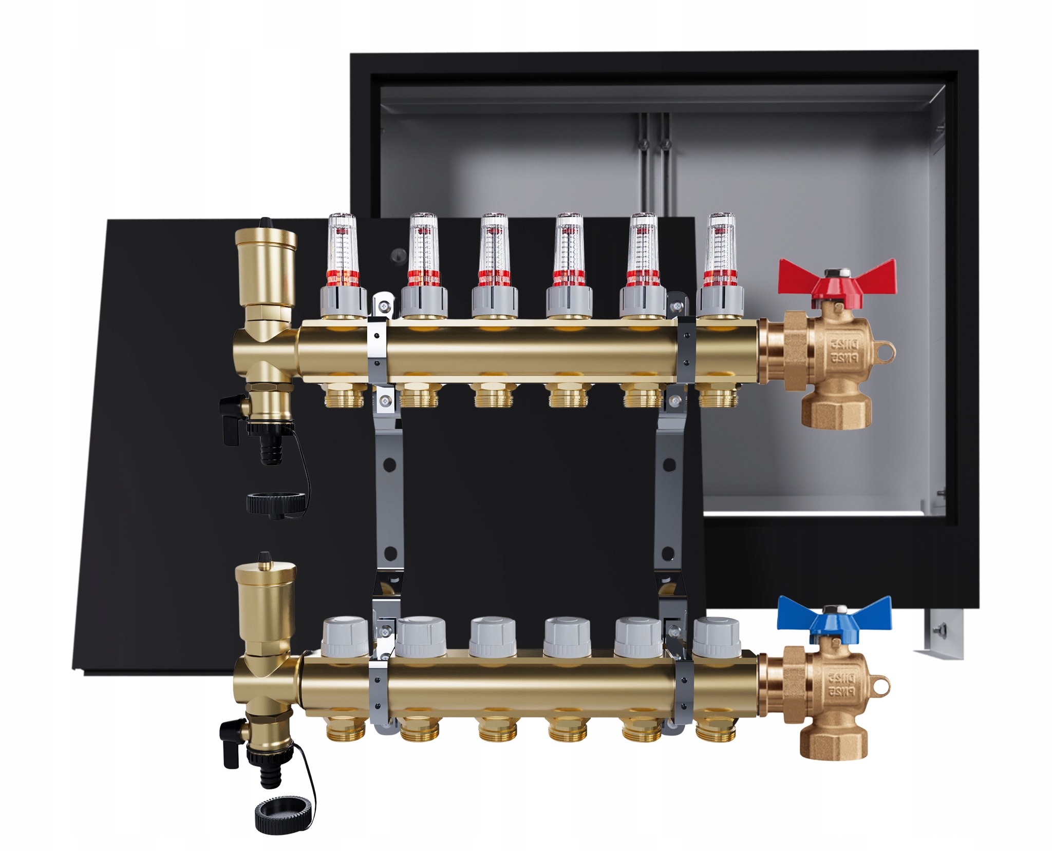 Rozdeľovač podlahy mosadzný 6 obvodov podomietková skrinka ventily