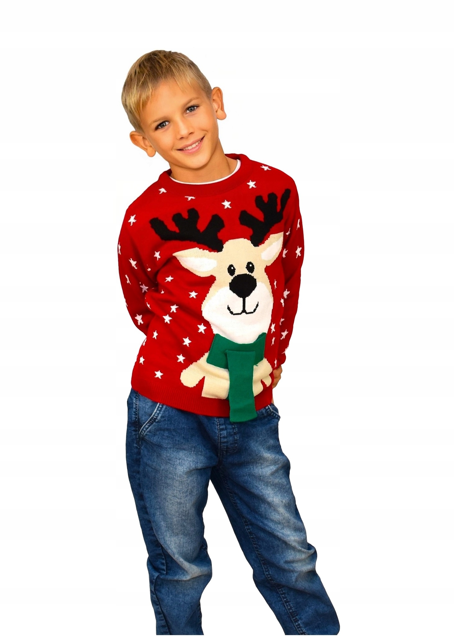 DZIECIĘCY SWETER Z RENIFEREM Z SZALIKIEM CZERWONY ŚWIĄTECZNE SWETERKI 4/5 Rodzaj wkładany przez głowę