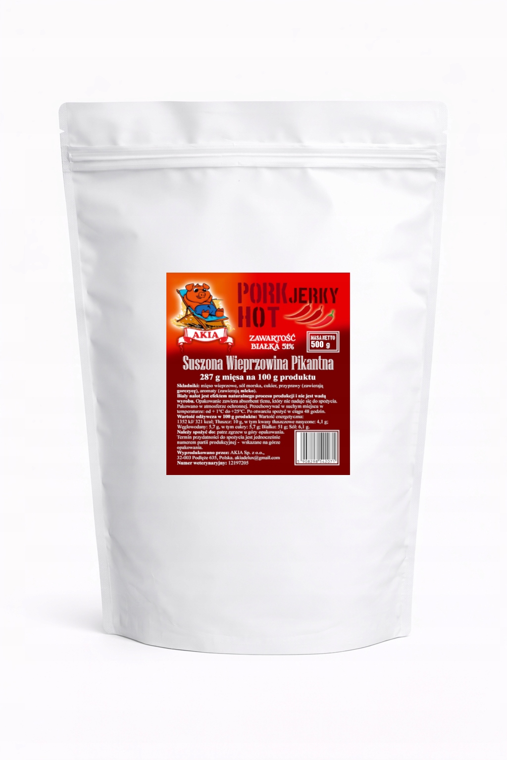 Levně Akia Jerky, Sušené vepřové maso, Sušené vepřové maso Pikantní, 500 g