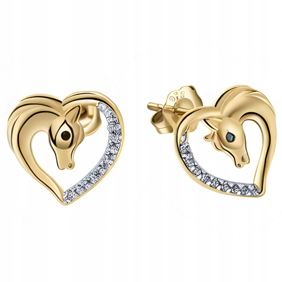 Kolczyki Złote Dla Dziewczynki Koniki w Sercu Srebro 925 Sztyfty Wkrętki
