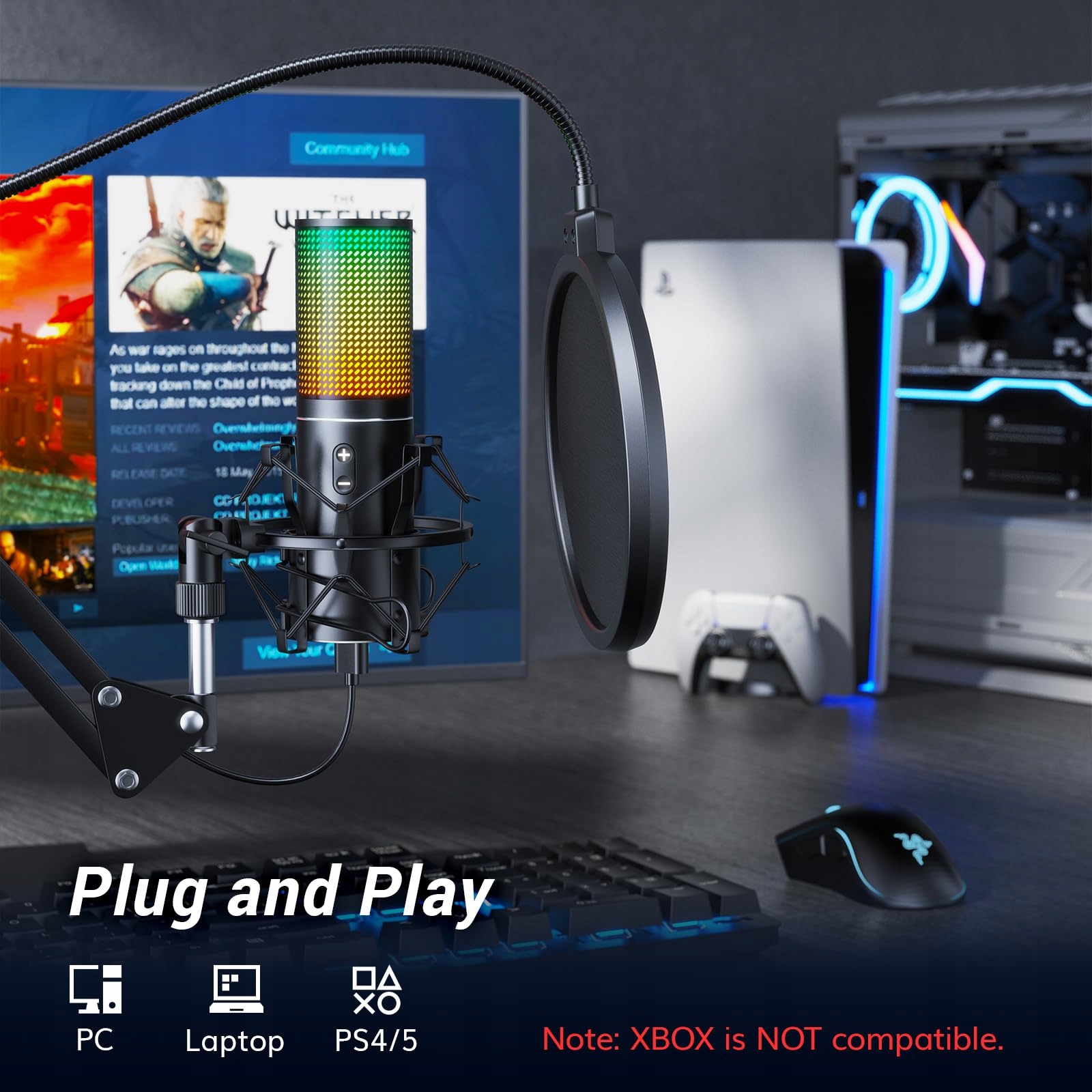 TONOR RGB USB Mikrofon Gaming PC Podcast Mikrofon z Boom Arm do Streamingu — miniatura 4