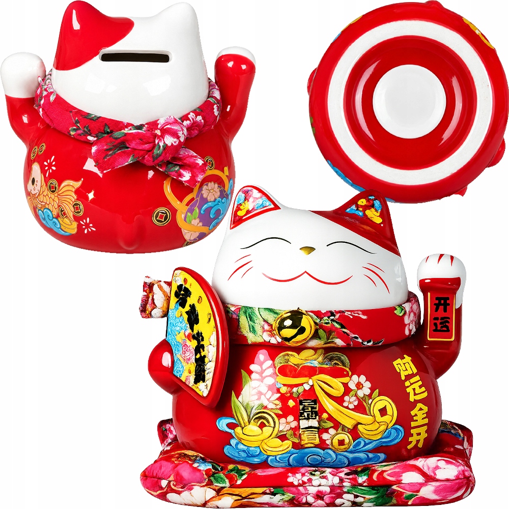 Porcelánová pokladnička Velká figurka Japonská kočka Maneki Neko Vějíř 14 cm