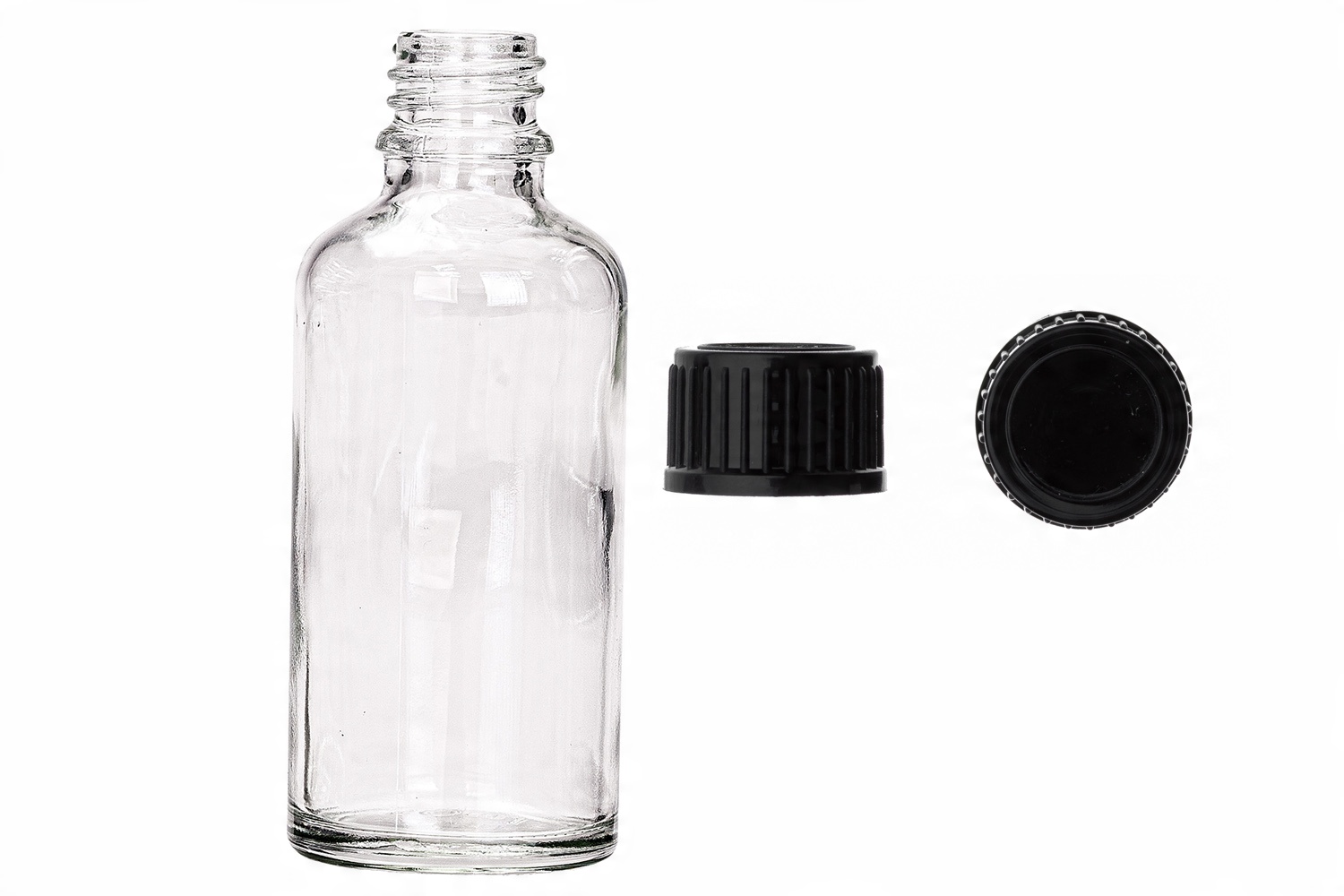 

Butelka szklana bezbarwna 50 ml z nakrętką czarną
