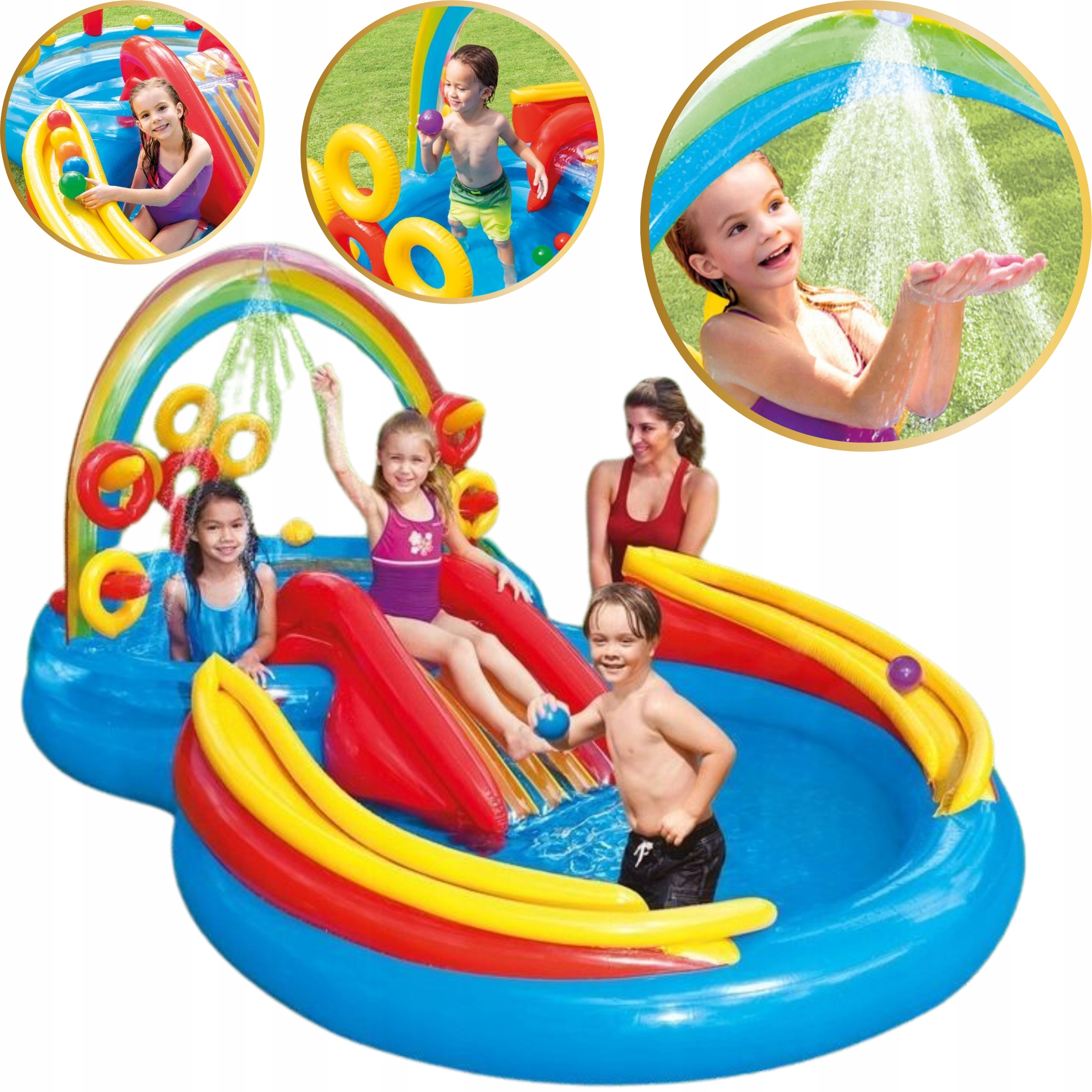 Wodny Plac Zabaw Duży Basen Dmuchany Dla Dzieci Intex Zjeżdżalnia Tęcza