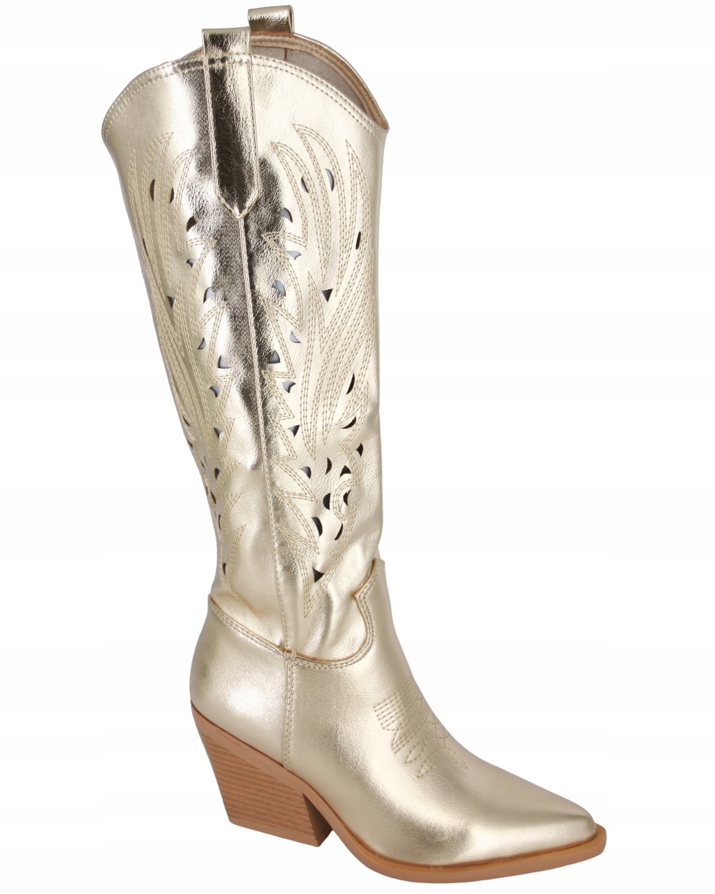 Dlouhé Kovbojské Boty Ažurové Dámské Kozačky Eko Kůže Zlaté Boty 36