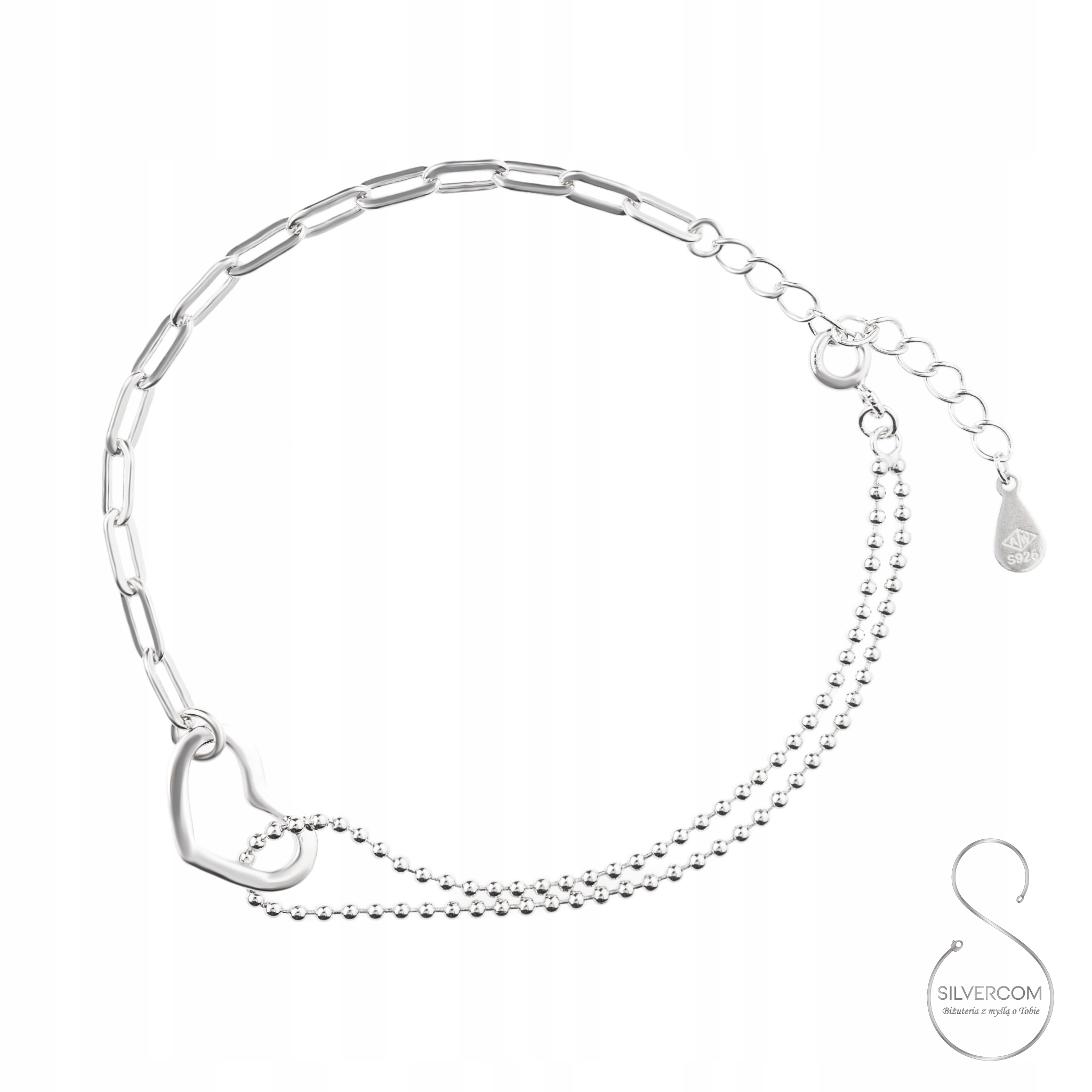 Stříbrný Náramek 925 Srdíčko Kuličky Dvě Vazby Řetízek Jako Dárek