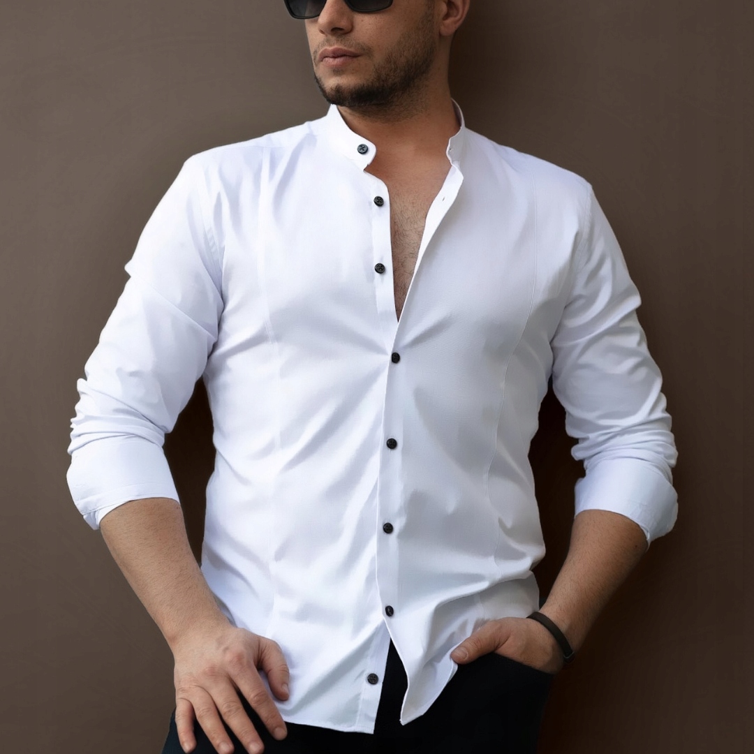 Koszula Meska XL Biala Ze Stojka Slim Fit Casual Z Dlugim Rekawem