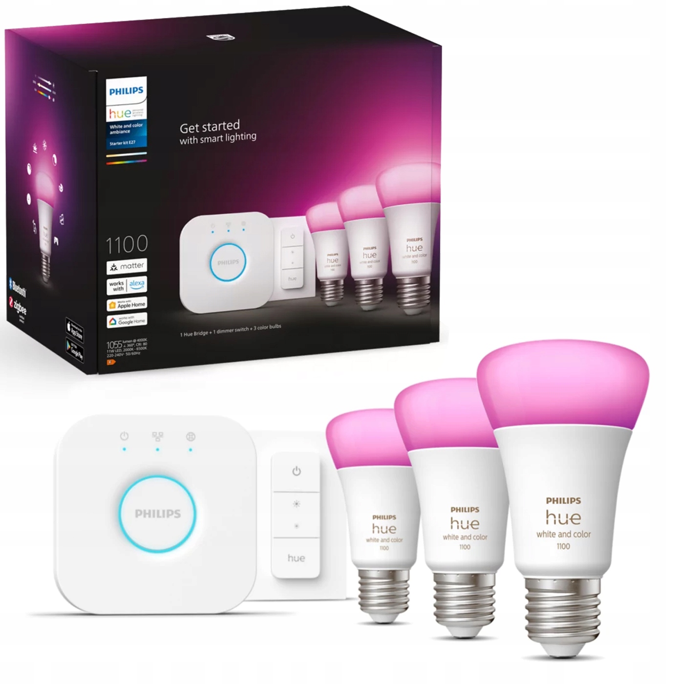Philips Hue Sada 3x Led žiarovka E27 9W Rgb stmievateľná diaľkový ovládač Hue Bridge