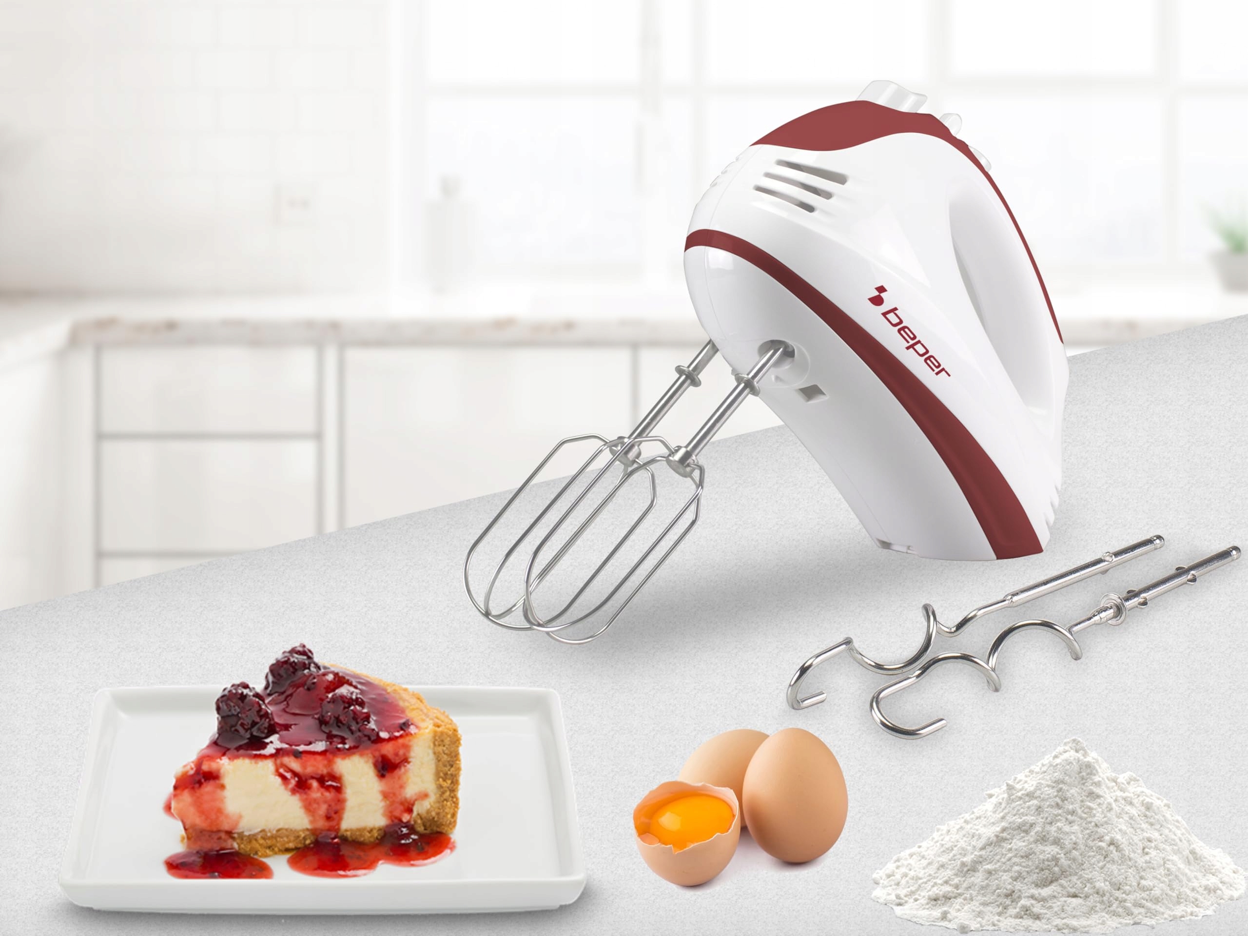 BEPER Mikser Ręczny 300W, 5 Prędkości, Turbo, Ergonomiczny, Biały/Czerwony — miniatura 6