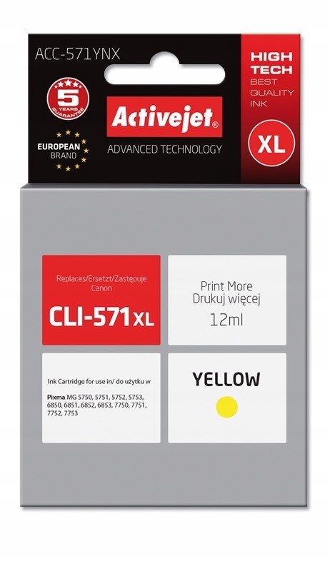 Tusz Activejet ACC-571YNX (zamiennik Canon CLI-571Y XL; Supreme; 12 ml; żół