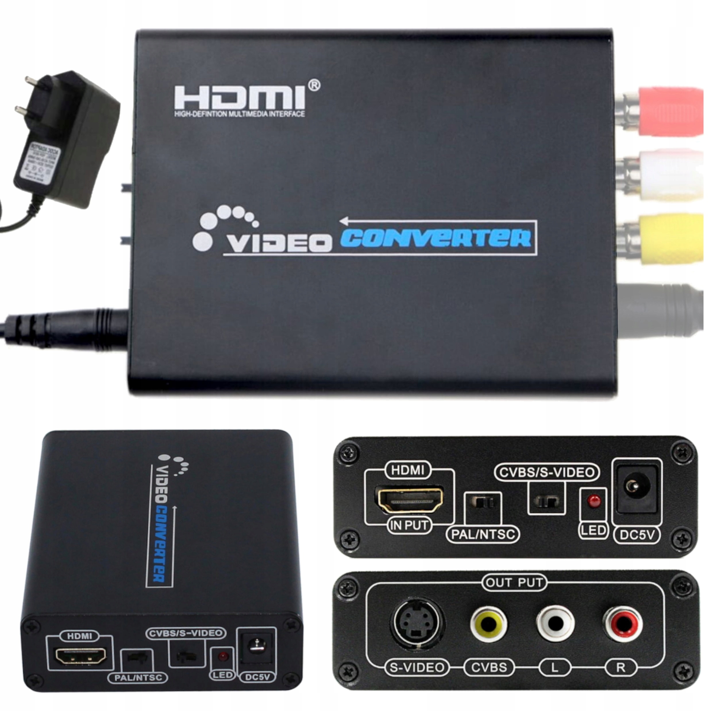 Konwerter z Hdmi Pal/ntsc na do S-video Rca Av 3x Chinch Svhs z kablami