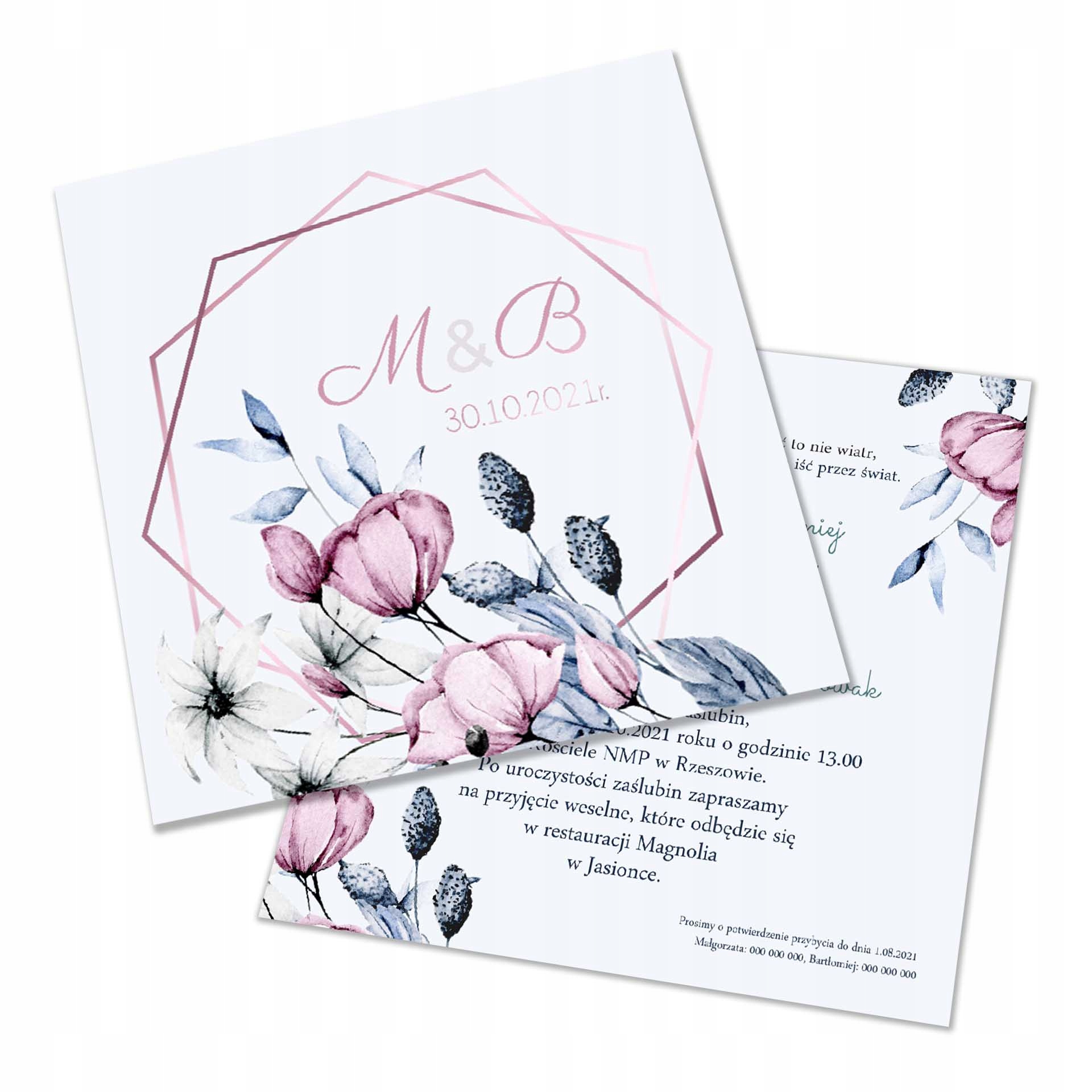 ZAPROSZENIA ŚLUBNE KWADRAT 14x14cm + koperta Kształt kwadratowy