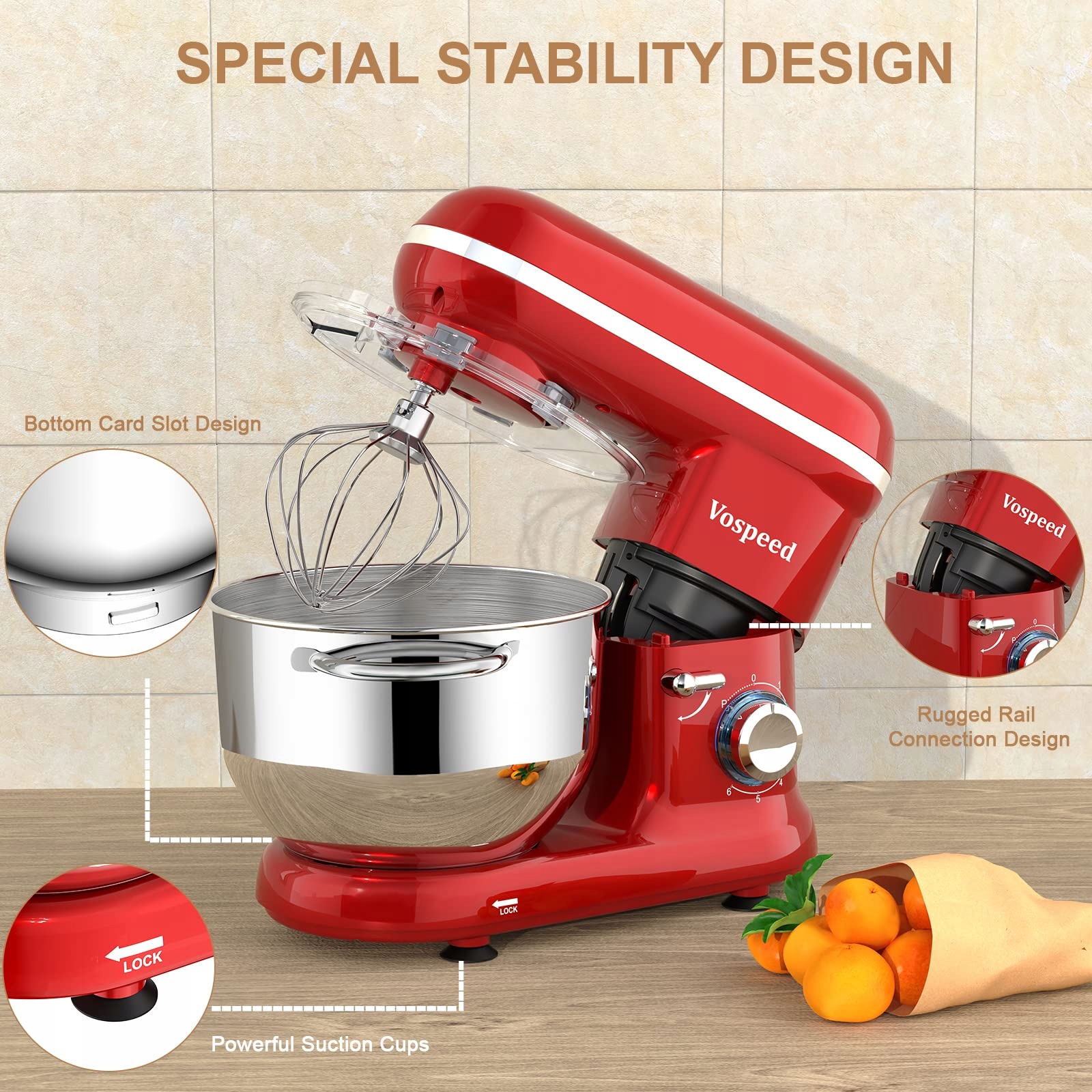 VOSPEED Mikser Kuchenny 1500W 6 Prędkości 6.2L Misa Czerwony — miniatura 4