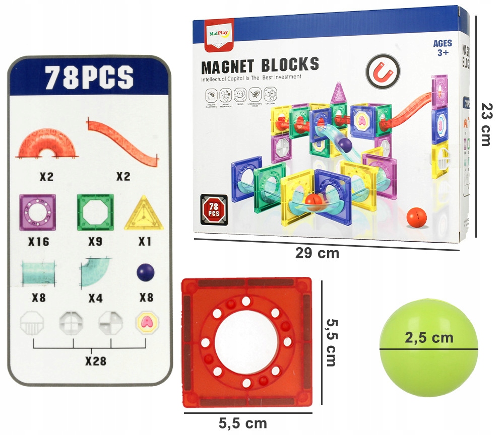 DUŻE KLOCKI MAGNETYCZNE KONSTRUKCYJNE Tor Zjeżdżalnia Labirynt 78 elementów Liczba elementów 78 szt.