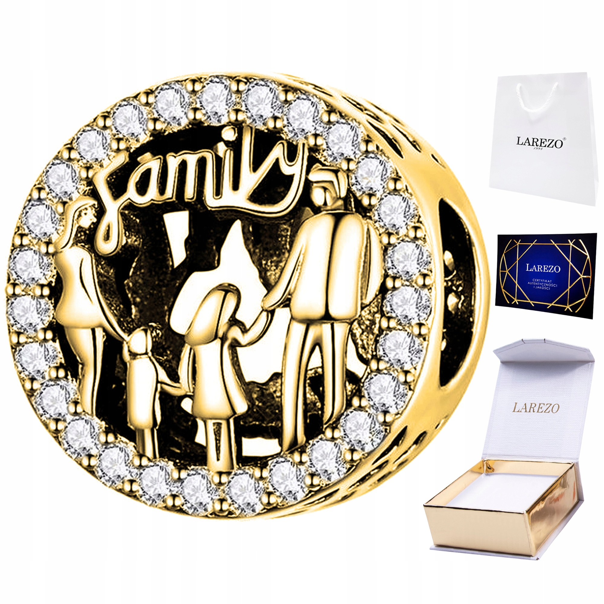 Charms Zlatý korálek s rodinou Nápis Family Láska se zirkony Stříbro 925