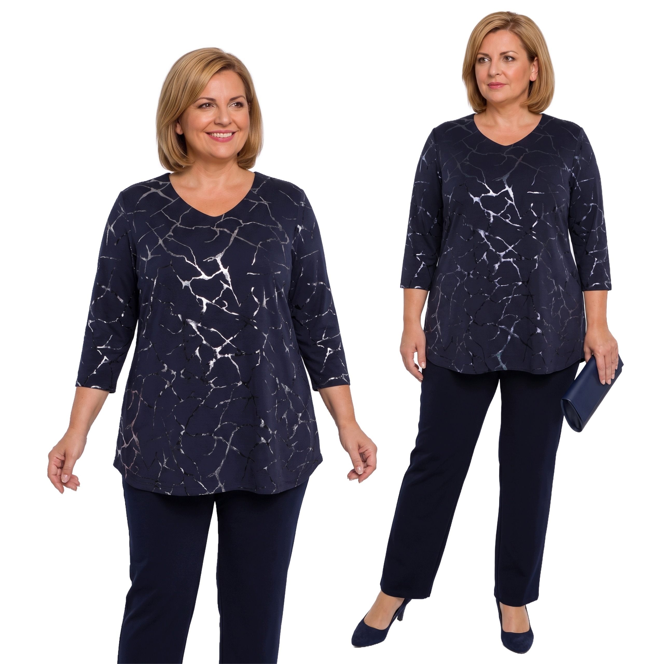 Tmavě modrý komplet s modrými lesklými vzory plus size velikost 64