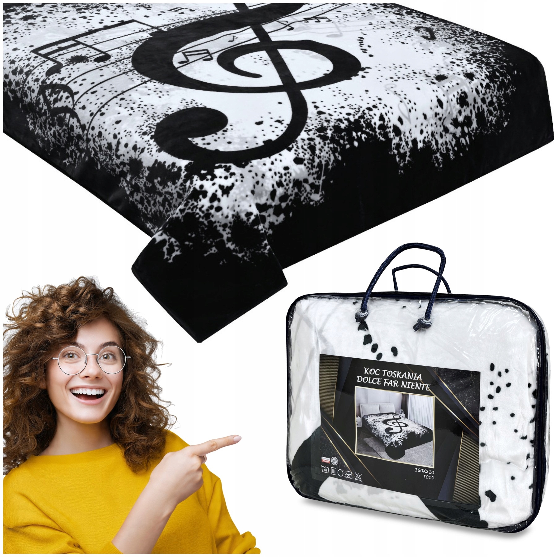 Koc Akrylowy Toskania 160x210 w Walizce Ciepły Puszysty Klucz Wiolinowy