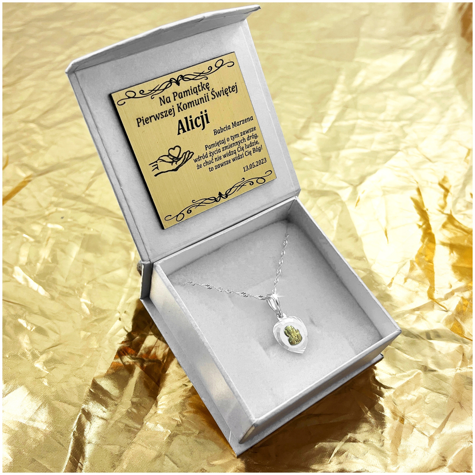 SREBRNY ŁAŃCUSZEK + MEDALIK MATKA BOSKA SERCE PR 925 PREZENT KOMUNIA GRAWER Kod producenta prezent dla dziewczynki na komunię grawer 925