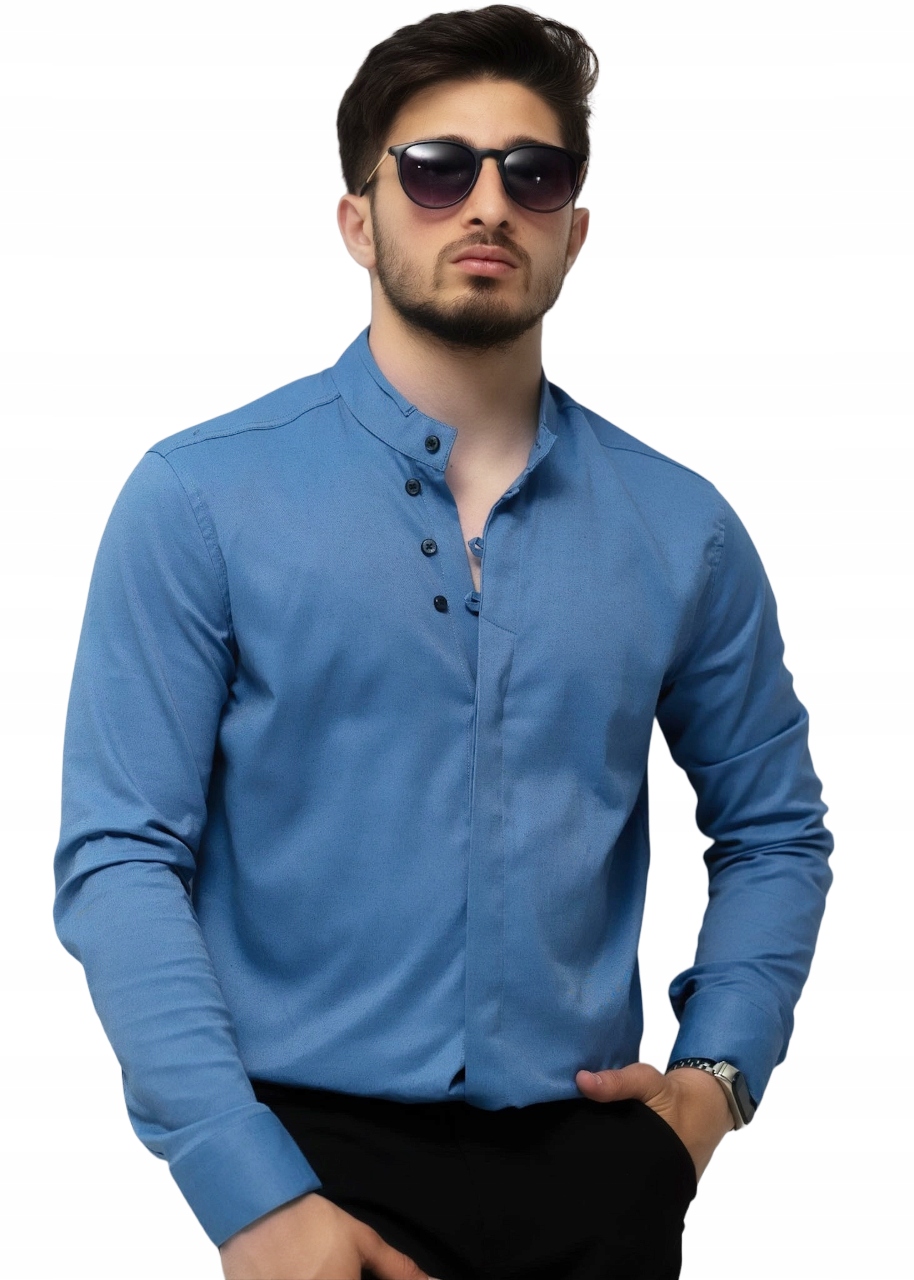 Pánská Košile Hladká Se Stojáčkem Modrá L