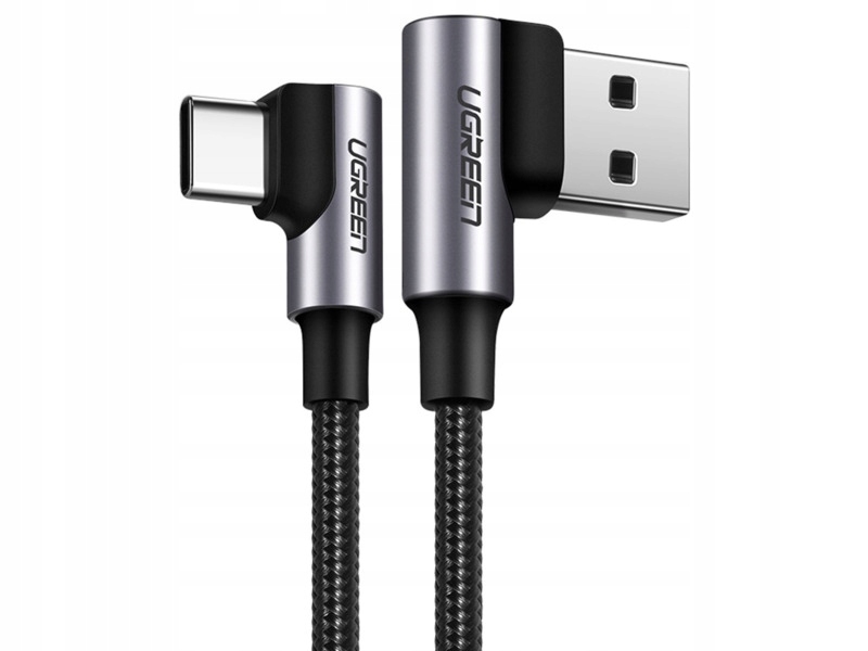 Kabel Ugreen USB-A do USB-C kątowy 90° 3 m czarny Quick Charge 4.0