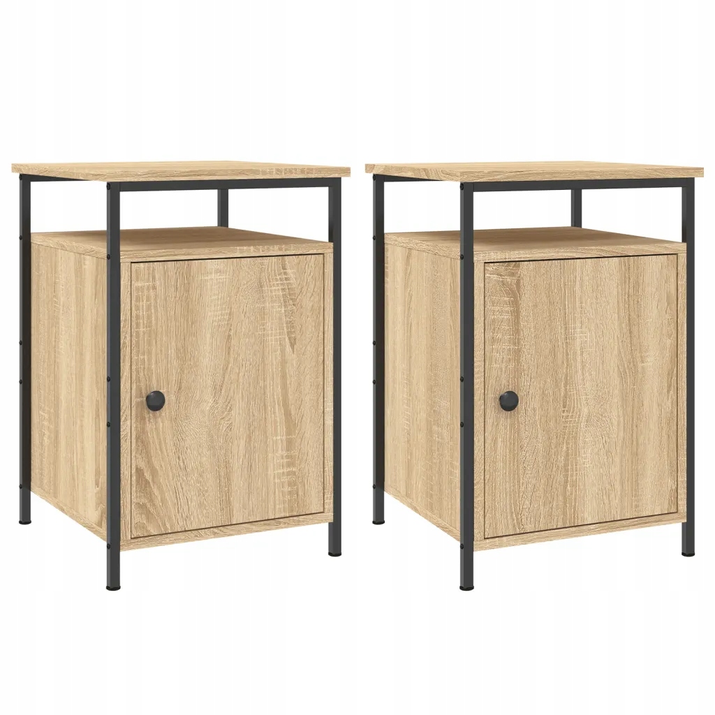 Noční stolek z dřevěného materiálu s železným rámem, dub sonoma