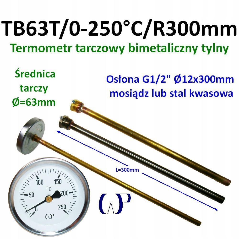Bimetalický kotúčový teplomer TB63T/0-250°C s kyslou clonou G1/2" 300 mm