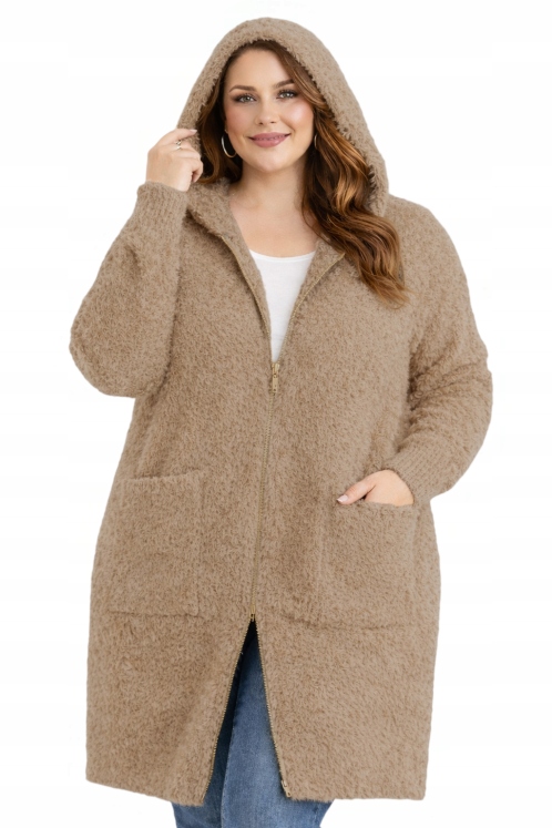 Svetr kardigan rozepínací dlouhý alpaka kapuce zlatý zip teplý 50 52 5XL