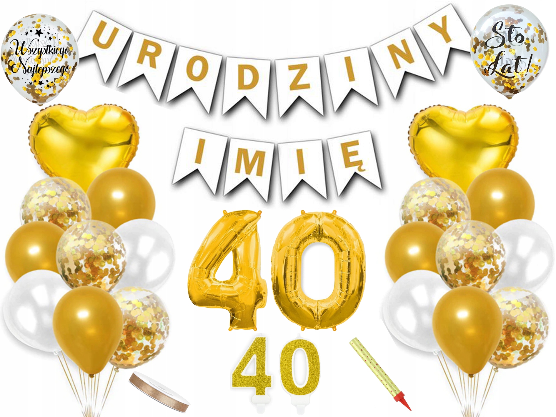 

Zestaw dekoracji na 40 urodziny baner imię balony